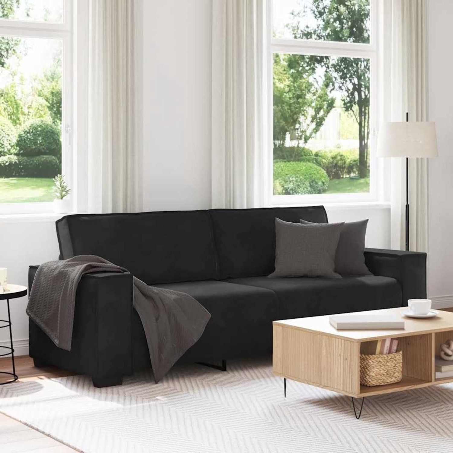3-zitsbank, zwart, 180 cm, fluwelen stoffen bekleding met houten metalen frame en brede armleuningen, voor woonkamer, kantoor, logeerkamer, zacht, comfortabel, robuust, stabiel gestoffeerd