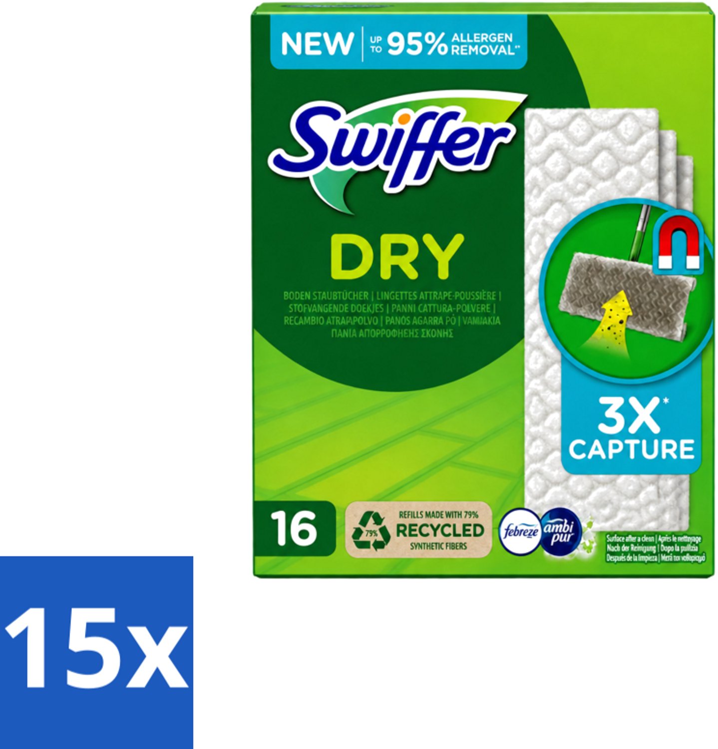 15 x Swiffer – Vloerdoekjes – Dry Navullingen – 16 doekjes - Voordeelverpakking - 15 stuks