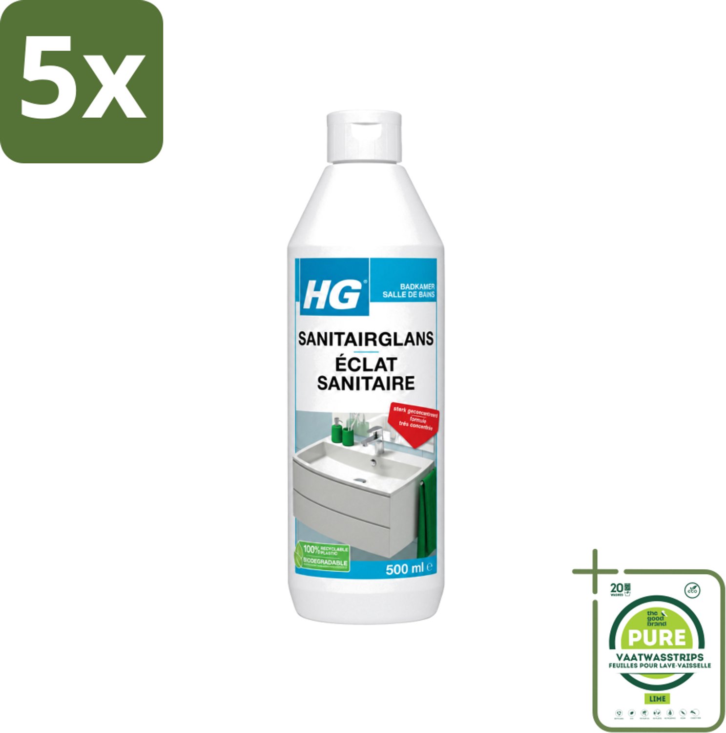 5 x HG - Badkamer - Badkamerreiniger - Extra Glans - Sterk Geconcentreerd - 500 ml - Grootverpakking - Vaatwasstrips - Badkamerreiniger - Badkamer Schoonmaken - Badkamer Reinigen - Badkamer Glans - Badkamer Reiniger Extra Glans