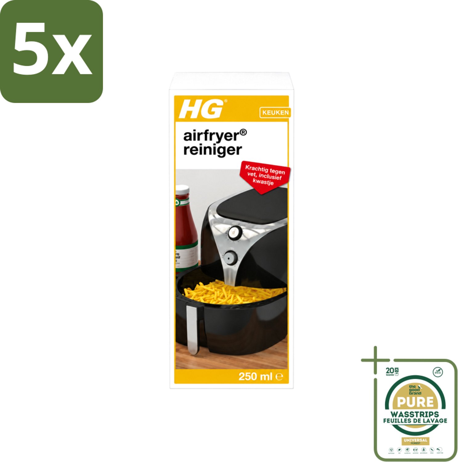 5 x HG - Airfryer Reiniger - Krachtig Tegen Vet - Inclusief Kwastje - 5 Schoonmaakbeurten - 250 ml - Wasstrips - Airfryer Reinigen - Vetresten Verwijderen - Airfryer Reiniger - Airfryer Schoonmaken - Hardnekkige Vetresten