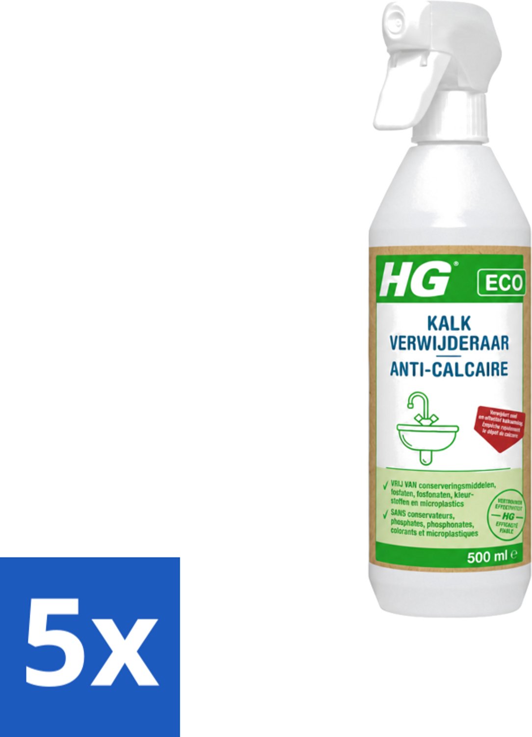 5 x HG ECO - Kalkverwijderaar - Snel & Effectief - Glanzend Resultaat - 500 ml - Voordeelverpakking - 5 stuks