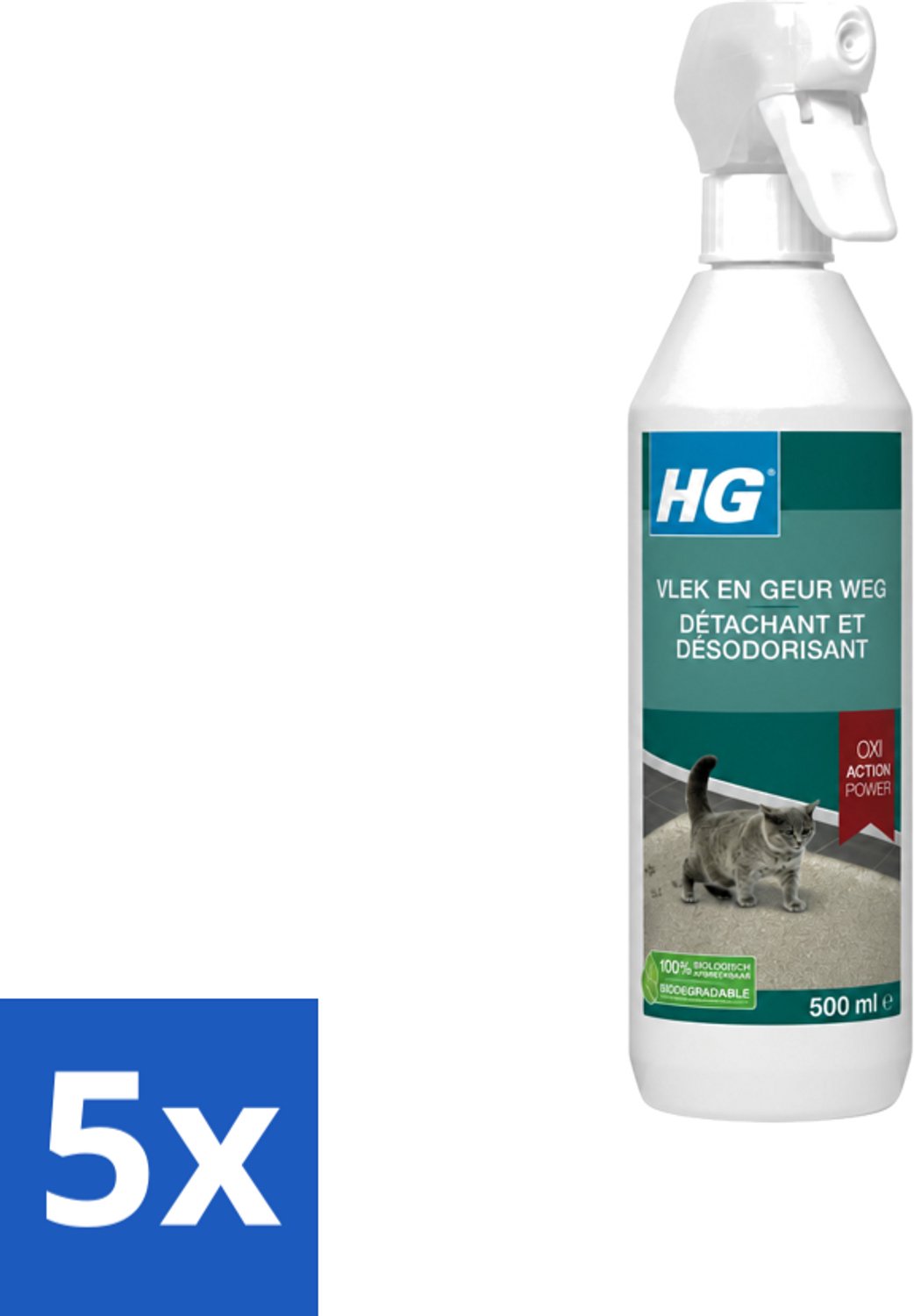 5 x HG - Vlek & Geur Weg - Tegen Kattengeuren- Oxi Action Power - 100% Biologisch - 500 ml - Voordeelverpakking - 5 stuks