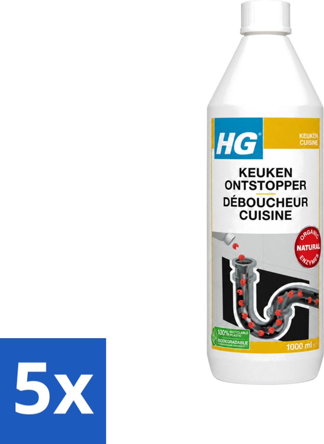 5 x HG - Keukenontstopper - Biologisch Afbreekbaar - Organische Enzymen - 1L - Voordeelverpakking - 5 stuks
