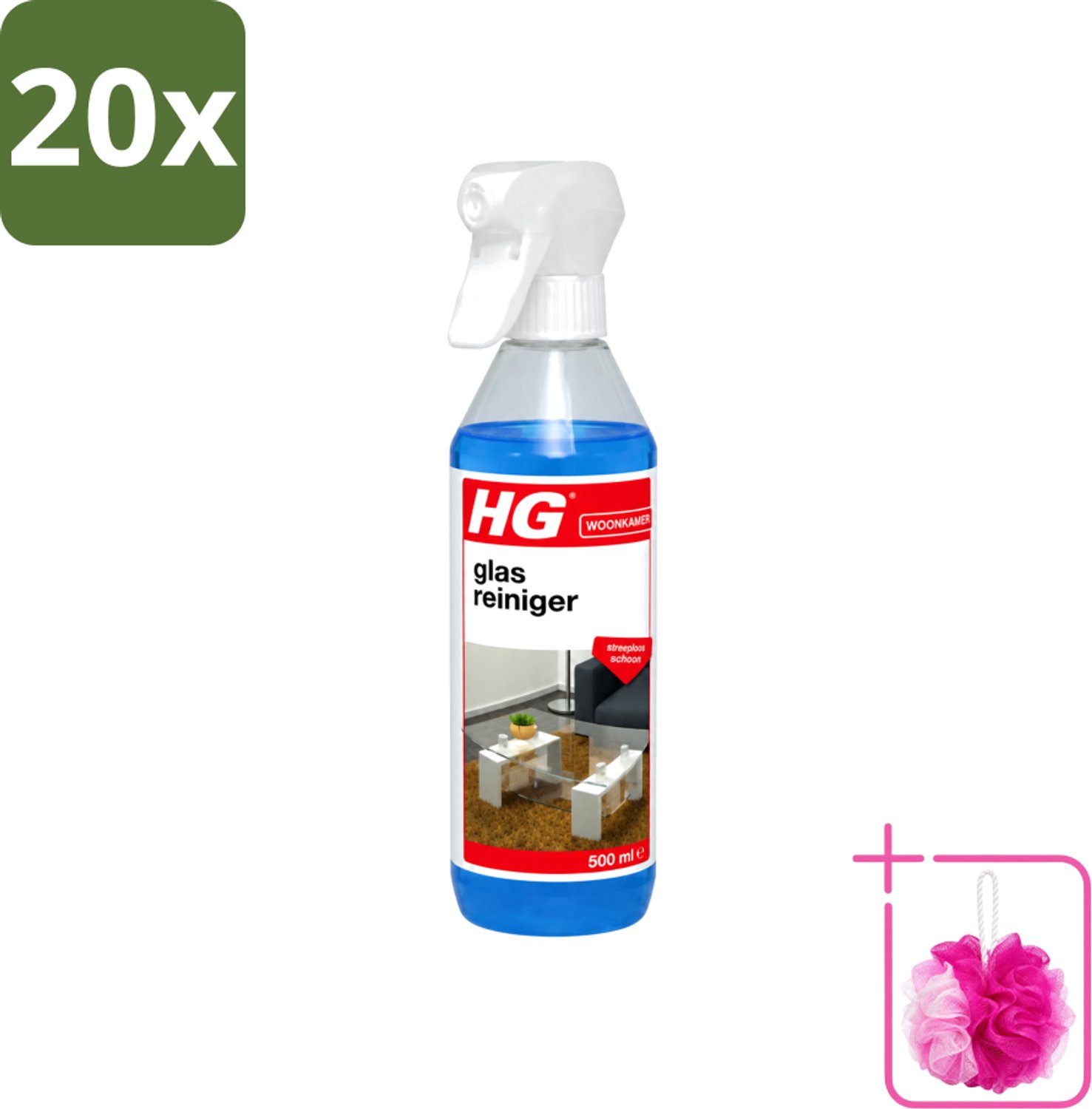 20 x HG - Glasreiniger Spray - Streeploos Schoon - Ontvet & Droogt Snel - 500 ml - Bulkverpakking - Glas reinigen - Douchemop - Streeploos schoonmaken