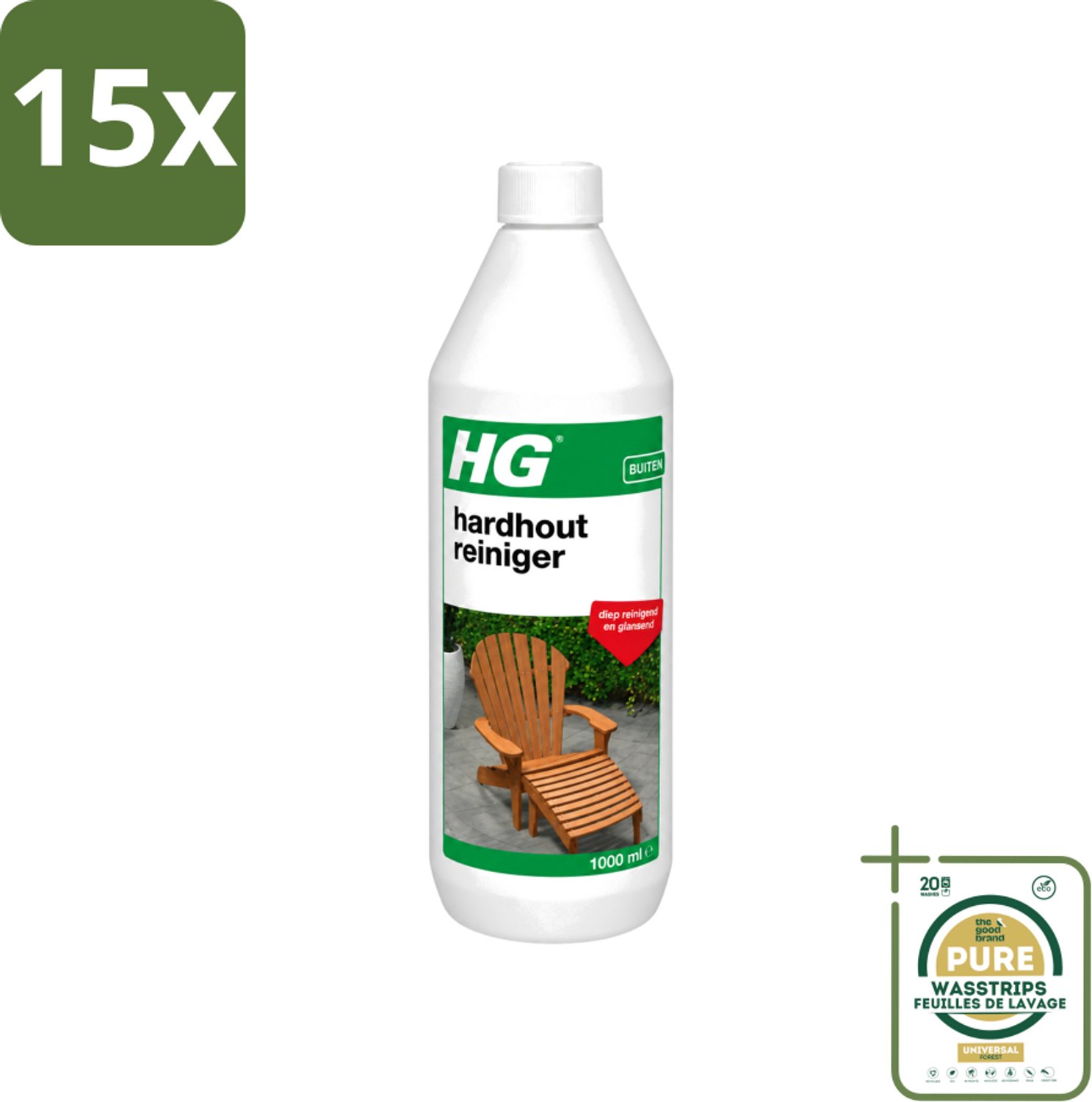 15 x HG - Buiten - Hardhout Reiniger - Diep Reinigend - 1L - Wasstrips - Hardhout Reinigen - Tuinmeubel Reinigen - Hout Reinigen - Buitenmeubel Reinigen - Terras Reinigen