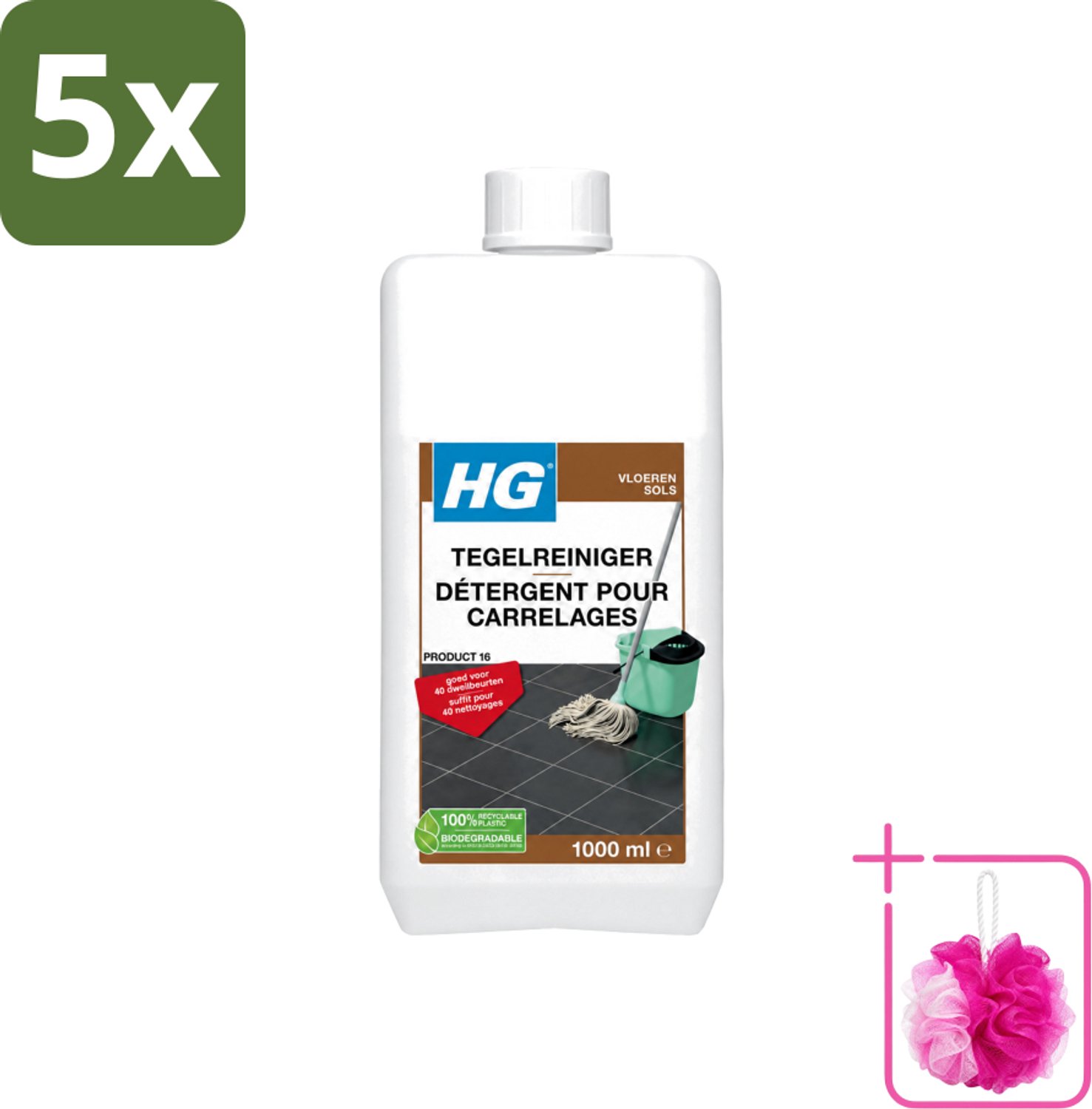 5 x HG - Vloeren - Tegelreiniger - 40 Dweilbeurten - 1L - Bulkverpakking - Tegelreiniger - Douchemop - Vloerreiniger