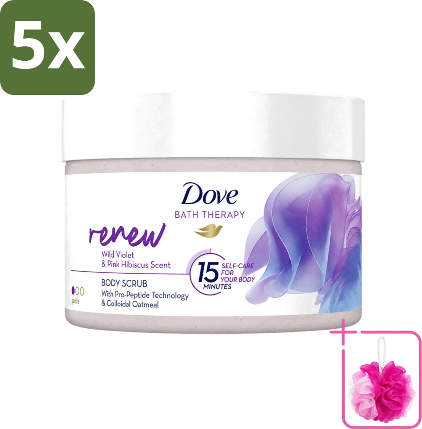 5 x Dove Bath Therapy Renew - Bodyscrub - Wilde Viooltjes & Roze Hibiscus - 295 ml - Bulkverpakking - Huidvernieuwing - Douchemop - Huidscrub