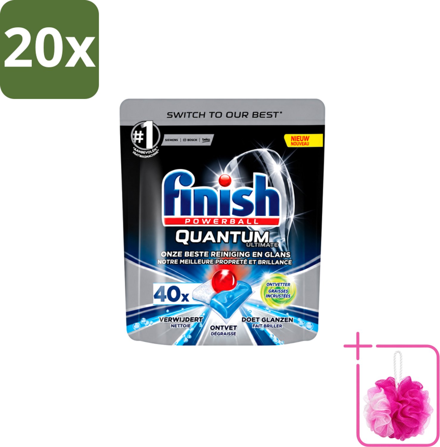 20 x Finish Powerball - Quantum Ultimate - Vaatwastabletten - Ontvetter - 40 Tabletten - Bulkverpakking - Vaatwasmiddel - Douchemop - Vaatwastablet