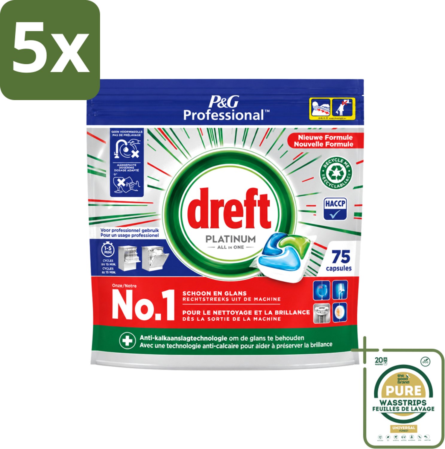 5 x Dreft Professional - Platinum - All In One - Vaatwascapsules - 75 Afwasbeurten - Wasstrips - Vaatwassen - Vaatwasser Reinigen - Vaatwassen Capsules - Vaatwassen Kracht - Vaatwassen Glans