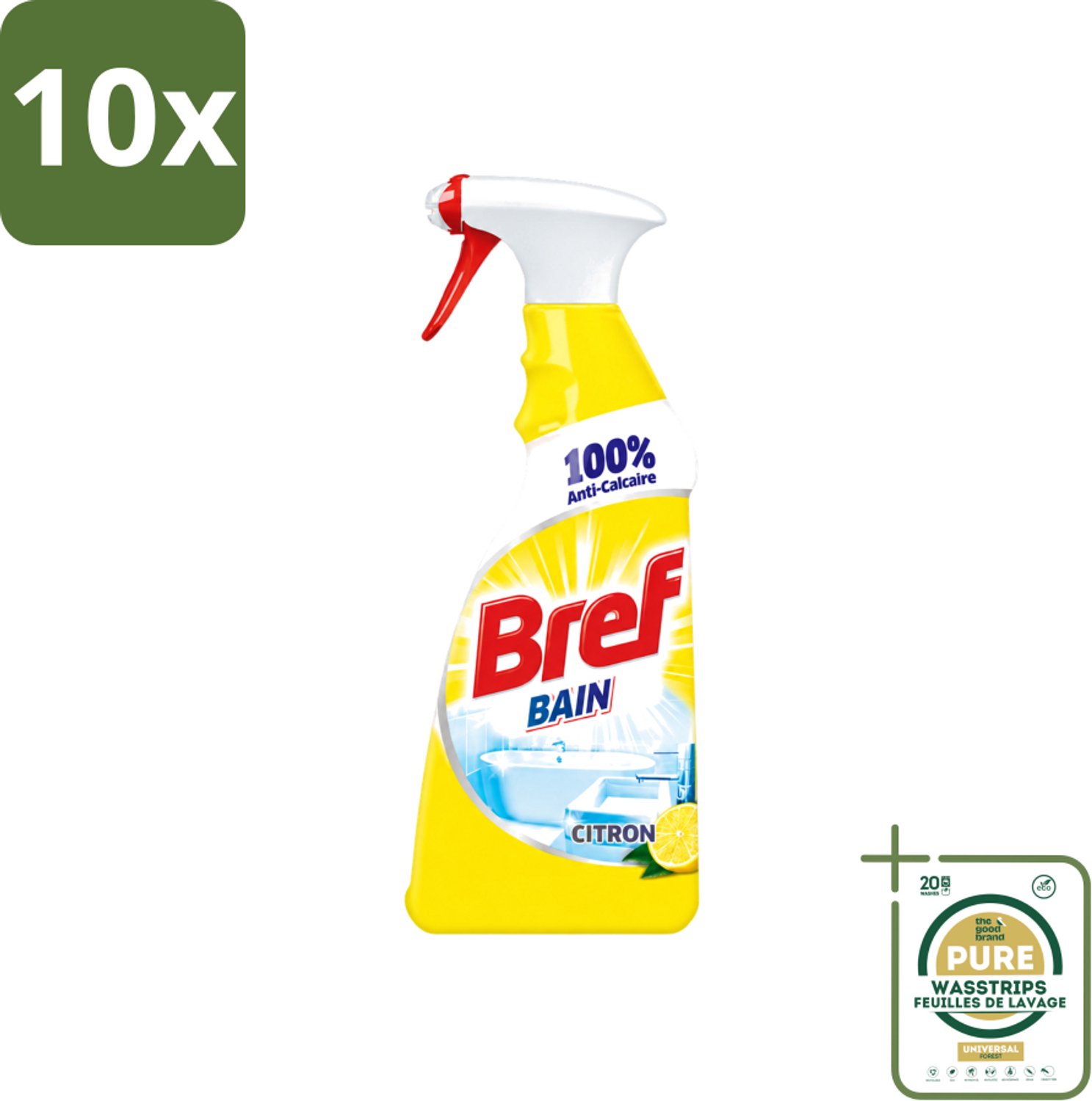 10 x Bref - Badkamerreiniger - Spray - Anti-Kalk - Citroen - 750 ml - Wasstrips - Badkamer Reiniger - Kalkbestrijder - Zeep En Vuil Verwijderen - Citroenspray - Badkamer Reinigen