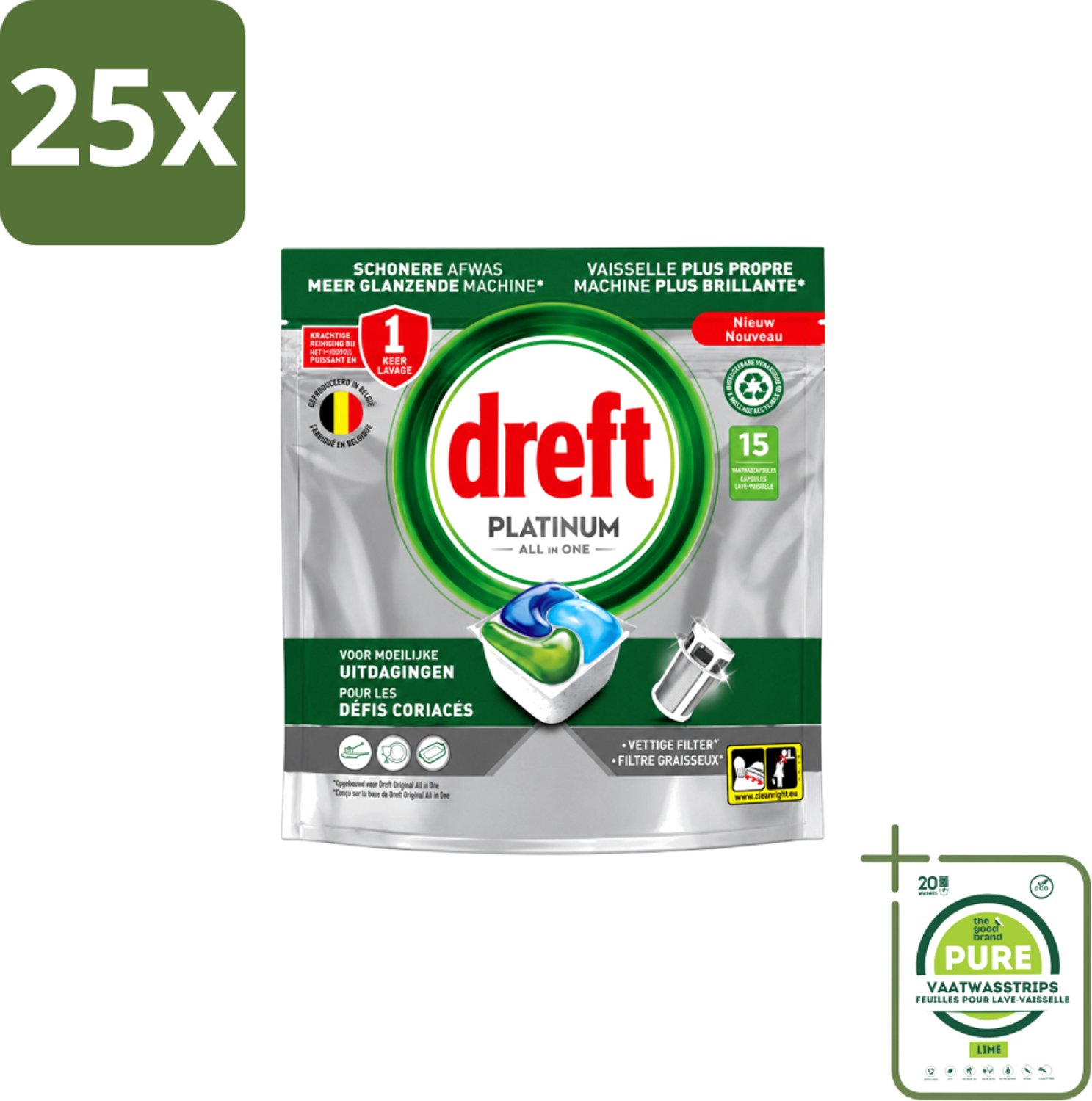 25 x Dreft – Vaatwascapsules – Platinum All-in-One – 15 Capsules - Grootverpakking - Vaatwasstrips - Vaatwasmiddel - Vaatwascapsule - Reinigingscapsule - Vetverwijdering - Glansspoelmiddel