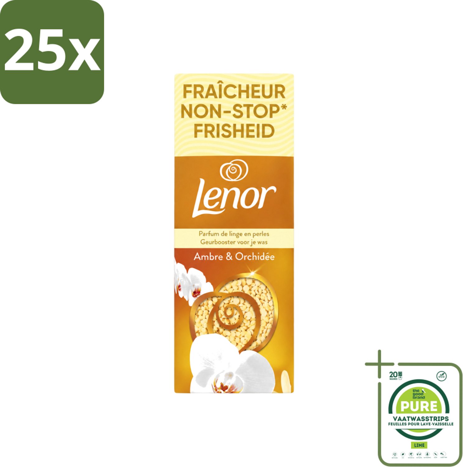 25 x Lenor – Geurbooster – Amber & Orchidee – 12 Wasbeurten – 155 g - Grootverpakking - Vaatwasstrips - Geurparels - Wasgeur - Luxegeur - Orchidee - Vanille