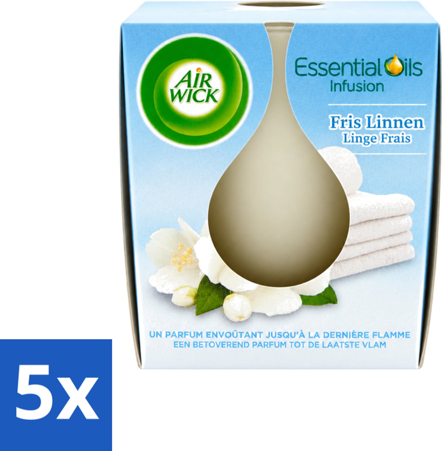 Air Wick 5 x Air Wick – Geurkaars – Fris Linnen met Essentiële Oliën – 105 g - Voordeelverpakking - 5 stuks Wit