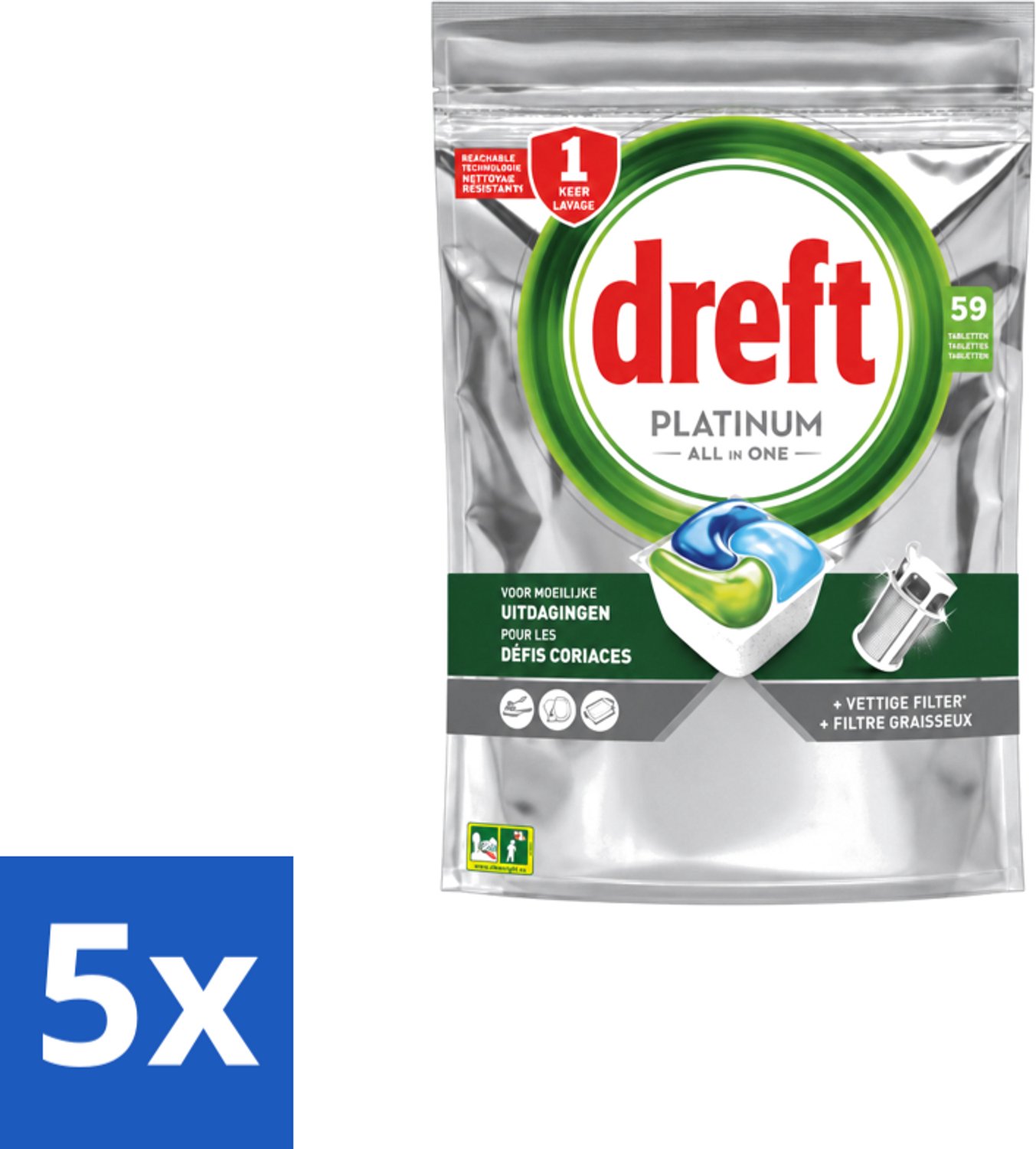 5 x Dreft – Vaatwastabletten – Platinum All-in-One Original – 59 Tabletten - Voordeelverpakking - 5 stuks