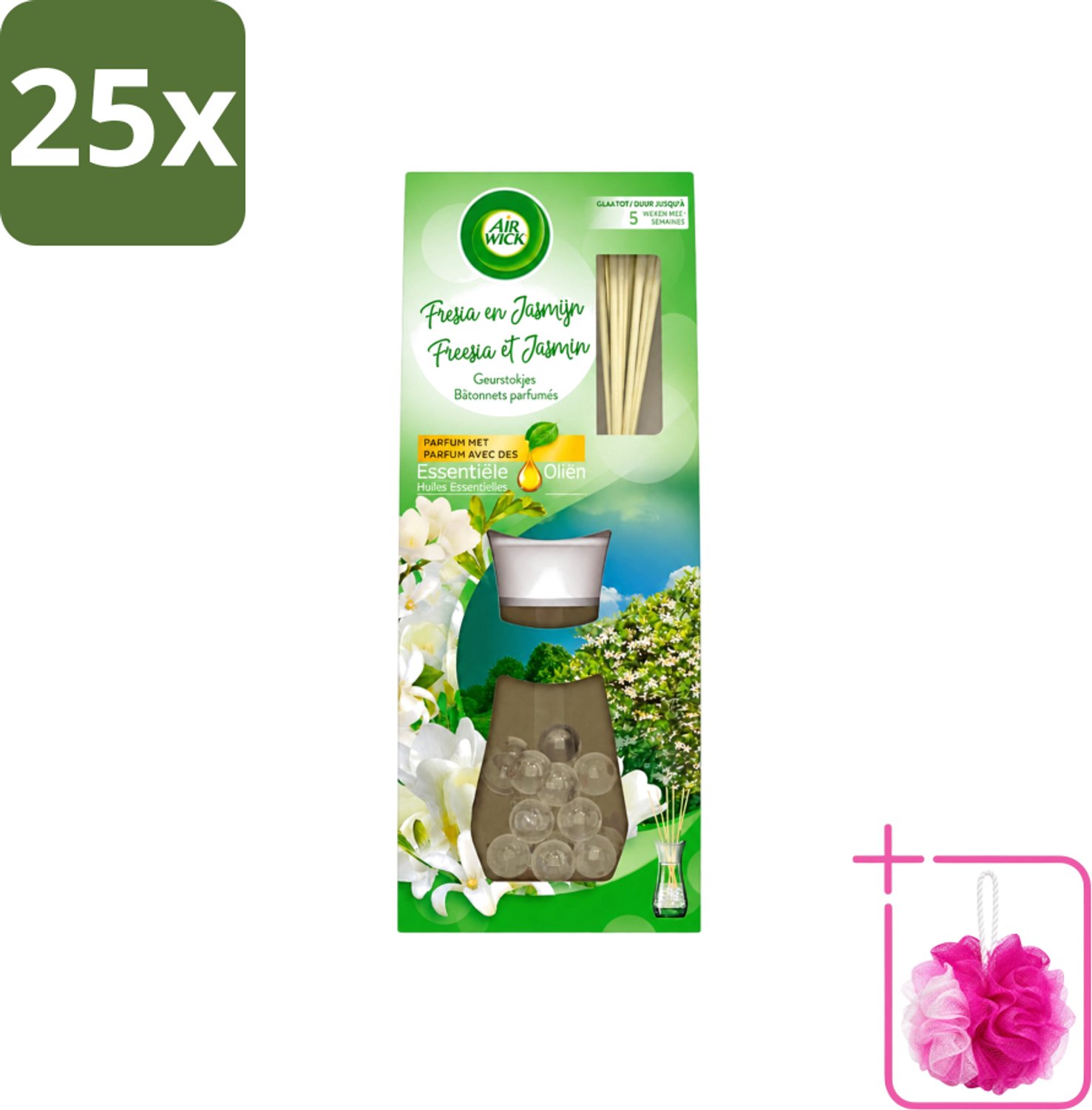 25 x Air Wick Essential Oils - Geurstokjes - Freesia & Jasmijn - 30ml - Bulkverpakking - Geurstokjes - Douchemop - Bloemige geur