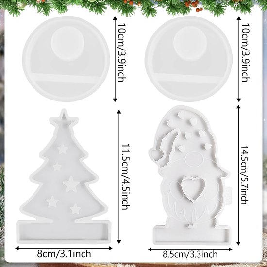 Gietvormen voor Kerstmis, 4 stuks gietvormen, siliconen kerstboom, kaboutervormen met sokkel, doe-het-zelf handgemaakte kerstkaarsen, gietbaar in gips en epoxyhars, voor thuistafeldecoratie — afbeelding 2