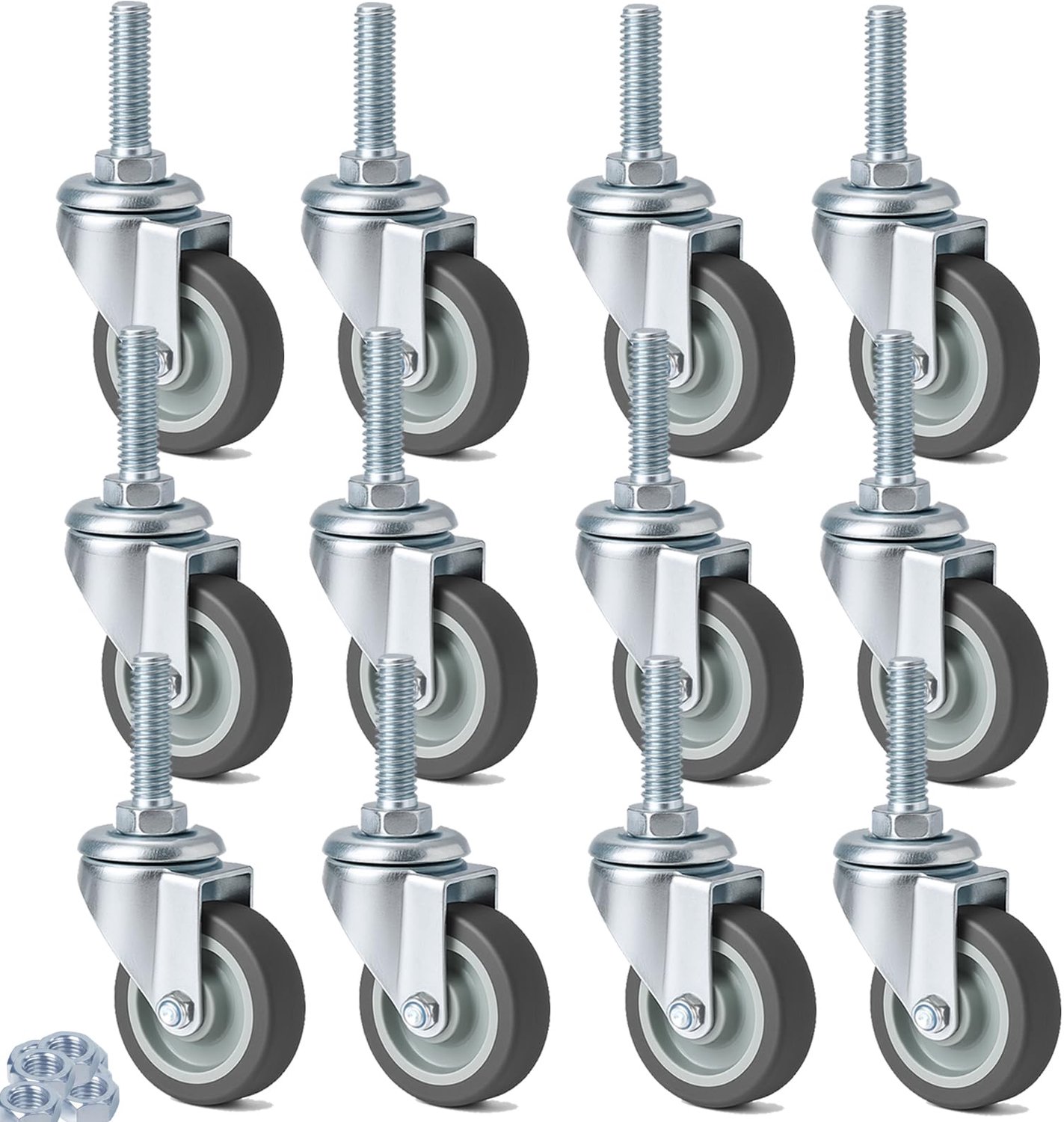 12 Stuks Meubelwielen 50 mm - Zwenkwielen met M10 x 30 mm Schroef, 360 Graden Rotatie
