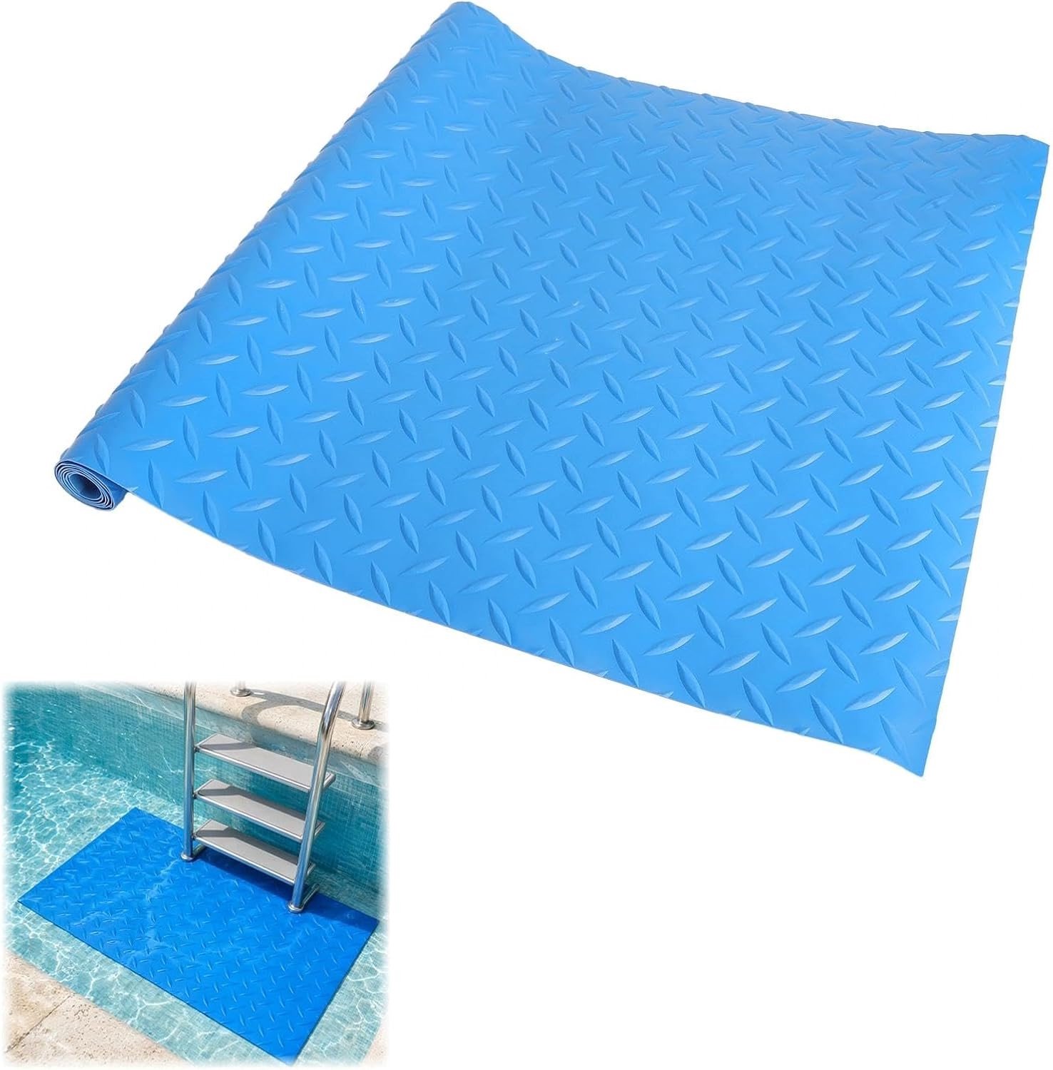 Beschermende zwembadmat 40 x 90 cm in blauw met bladvorm, ideale onderlaag voor zwembadladder en tuinpool, voorkomt schade aan de ondergrond Beschermende zwembadmat 40 x 90 cm in blauw met bladvorm, ideale onderlaag voor zwembadladder en tuinpool, voorkomt schade aan de ondergrond