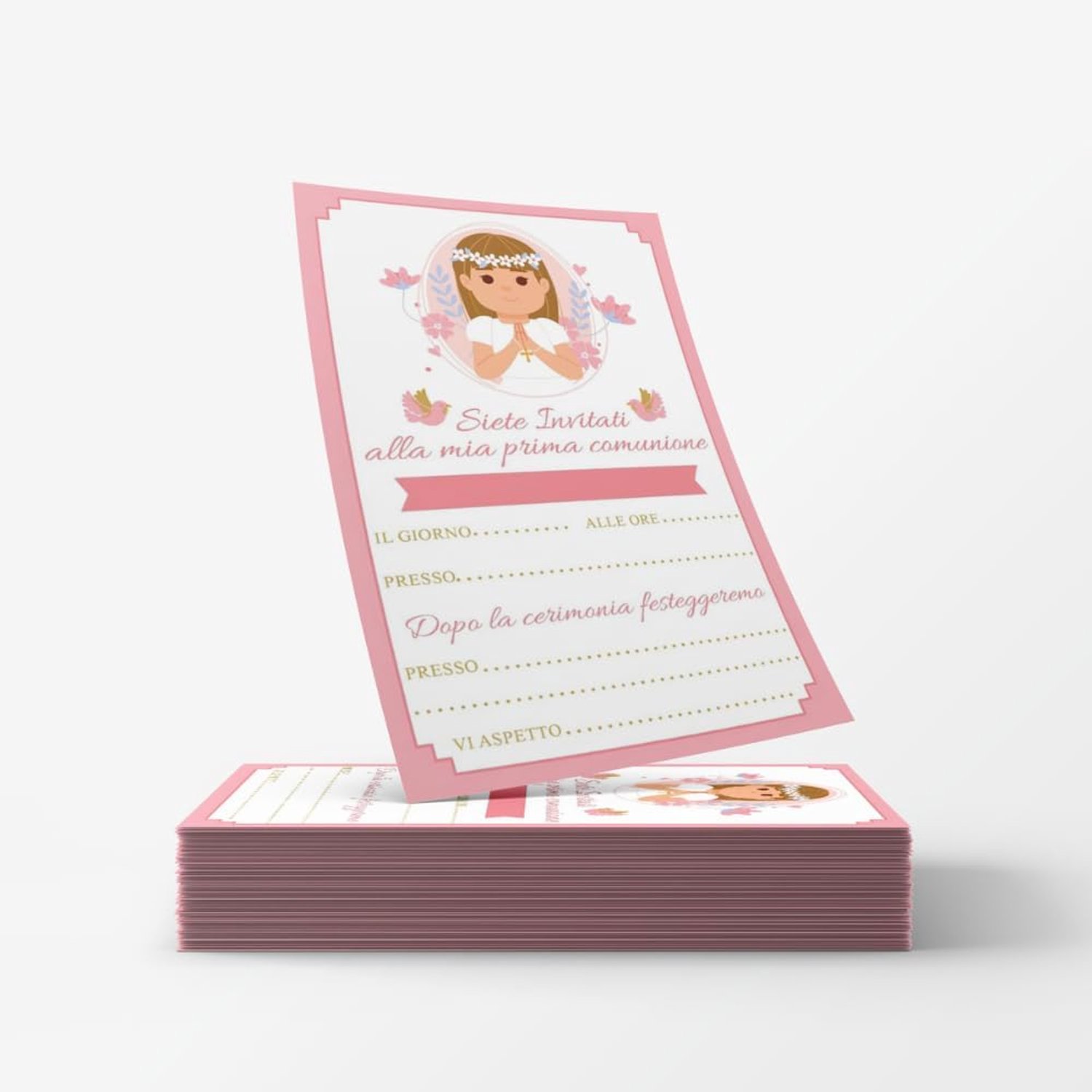 20 uitnodigingskaarten voor de eerste communie voor jongens/meisjes, afbeelding naar keuze, naam, datum en plaats (meisje Cappelli Castani)