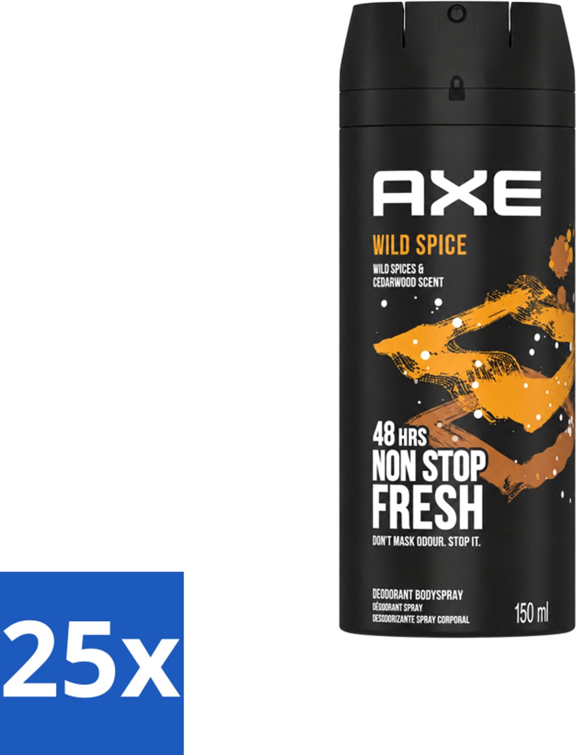 25 x Axe - Deodorant Bodyspray - 48hrs Non Stop Fresh - Wild Spice - Wild Spices & Cedarwood - 150 ml - Voordeelverpakking - 25 stuks