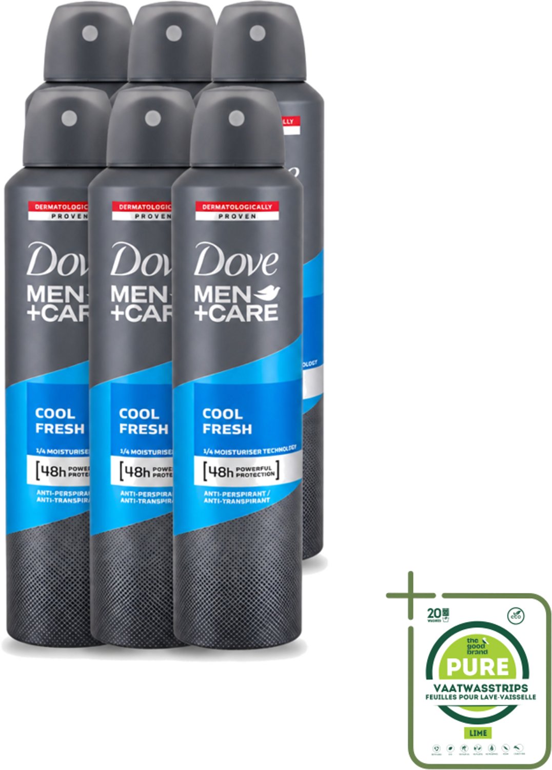 6 x Dove - Deodorant - Spray Men+Care Cool Fresh - Verfrissend en langdurige bescherming - 250 ml - Grootverpakking - Vaatwasstrips - Deodorant Spray - Zweetgeur - Frisheid - Huidverzorging - Mannelijke Geur