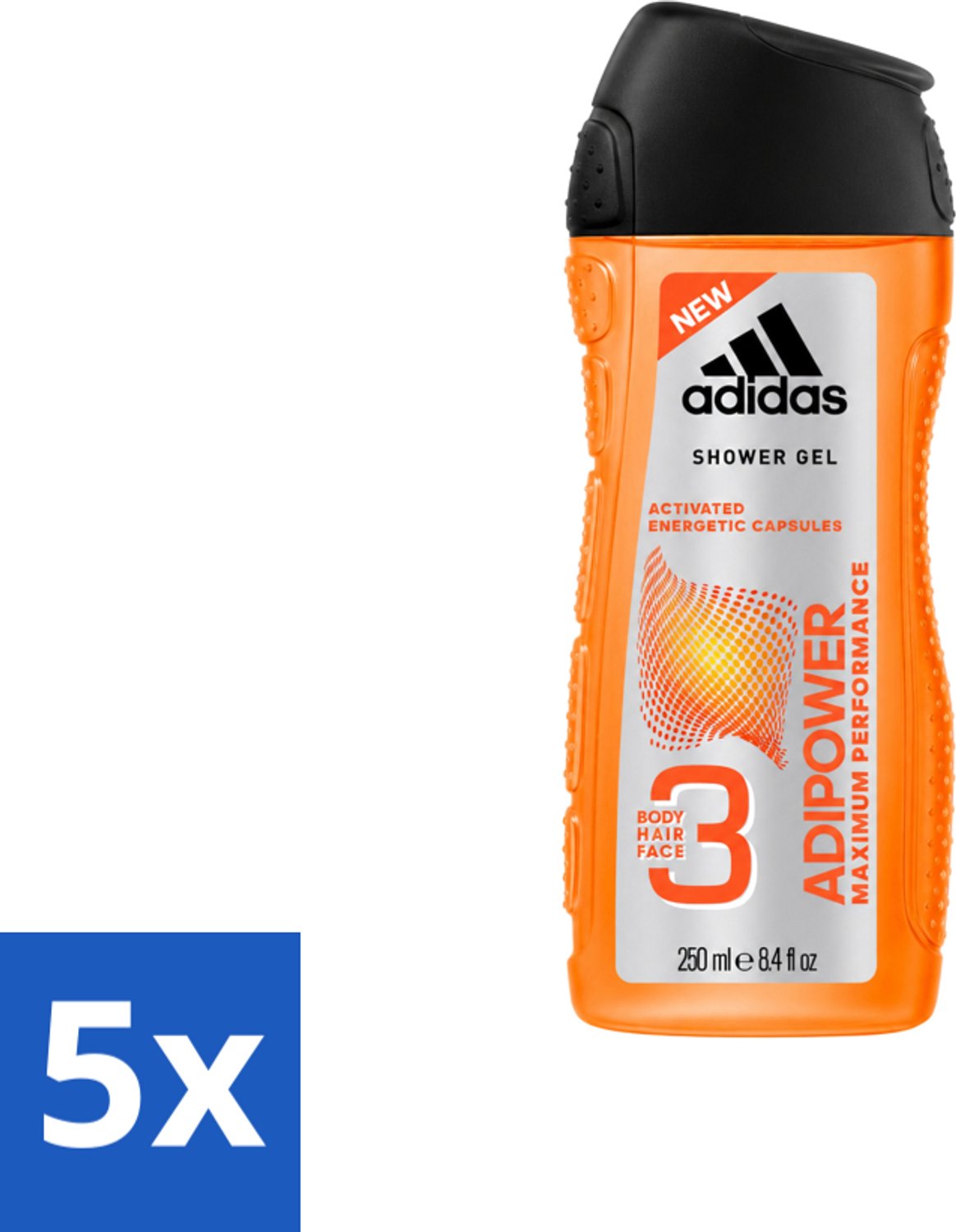 5 x Adidas - 3-in-1 Douchegel - Adipower Maximum Performance -250 ml - Voordeelverpakking - 5 stuks