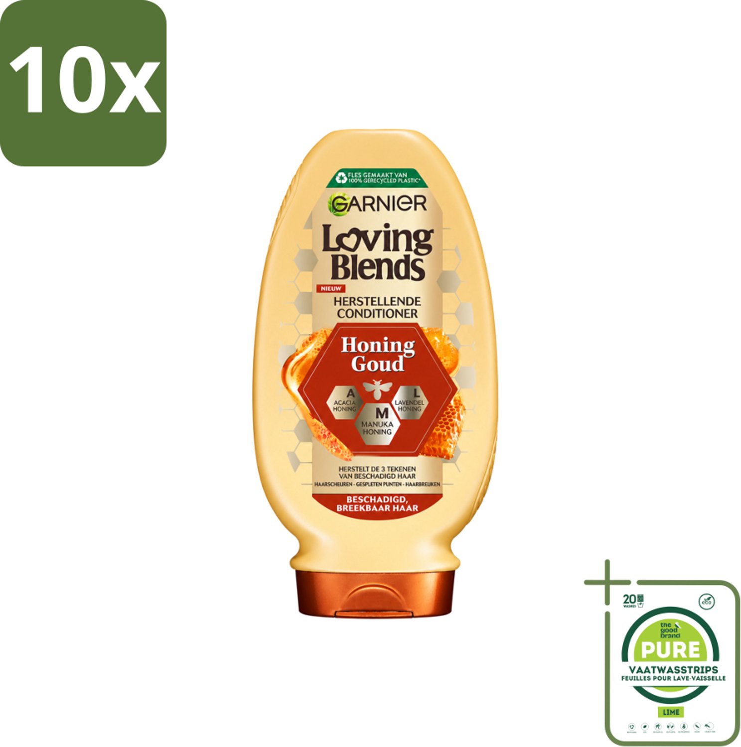 10 x Garnier - Loving Blends - Conditioner - Honing Goud - Beschadigd & Breekbaar Haar - 250 ml - Grootverpakking - Vaatwasstrips - Conditioner Voor Beschadigd Haar - Herstel Haar - Versterk Haar - Honing Conditioner - Haarscheuren Verminderen