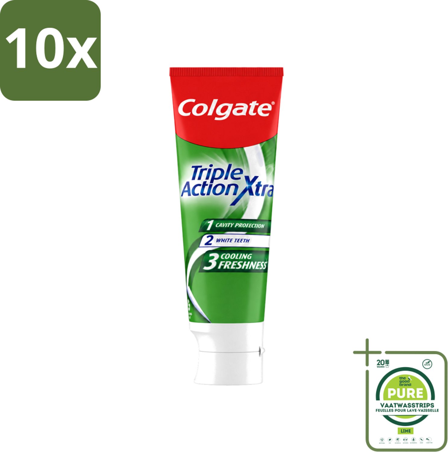 10 x Colgate - Triple Action - Xtra Fresh - Tandpasta - 75ml - Grootverpakking - Vaatwasstrips - Tandpasta - Gaatjes - Tanden - Frisse Adem - Witte Tanden