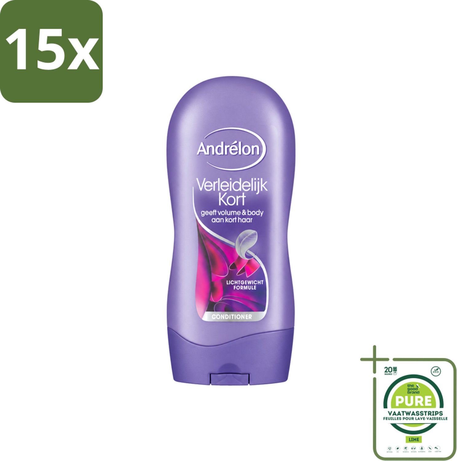 15 x Andrélon - Verleidelijk Kort - Conditioner - Voor Kort Haar - 300 ml - Grootverpakking - Vaatwasstrips - Kort Haar Conditioner - Volume Voor Kort Haar - Verzorging Kort Haar - Luchtig Haar - Voedend Haar