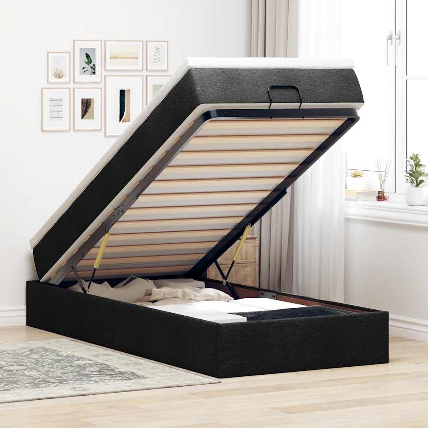 Opbergbed met pocketveringmatras stof zwart 100x200cm