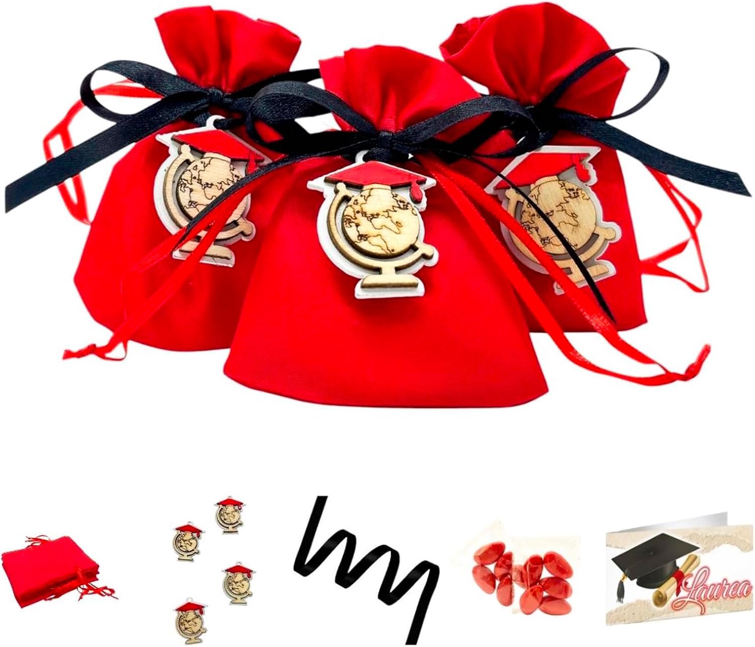 Set van 12 rode katoenen zakjes voor snoep, 12 houten applicaties, wereldkaart met touch, 12 zakjes voor chocoladedragees, 12 kaarten, feest, cadeau, feesten