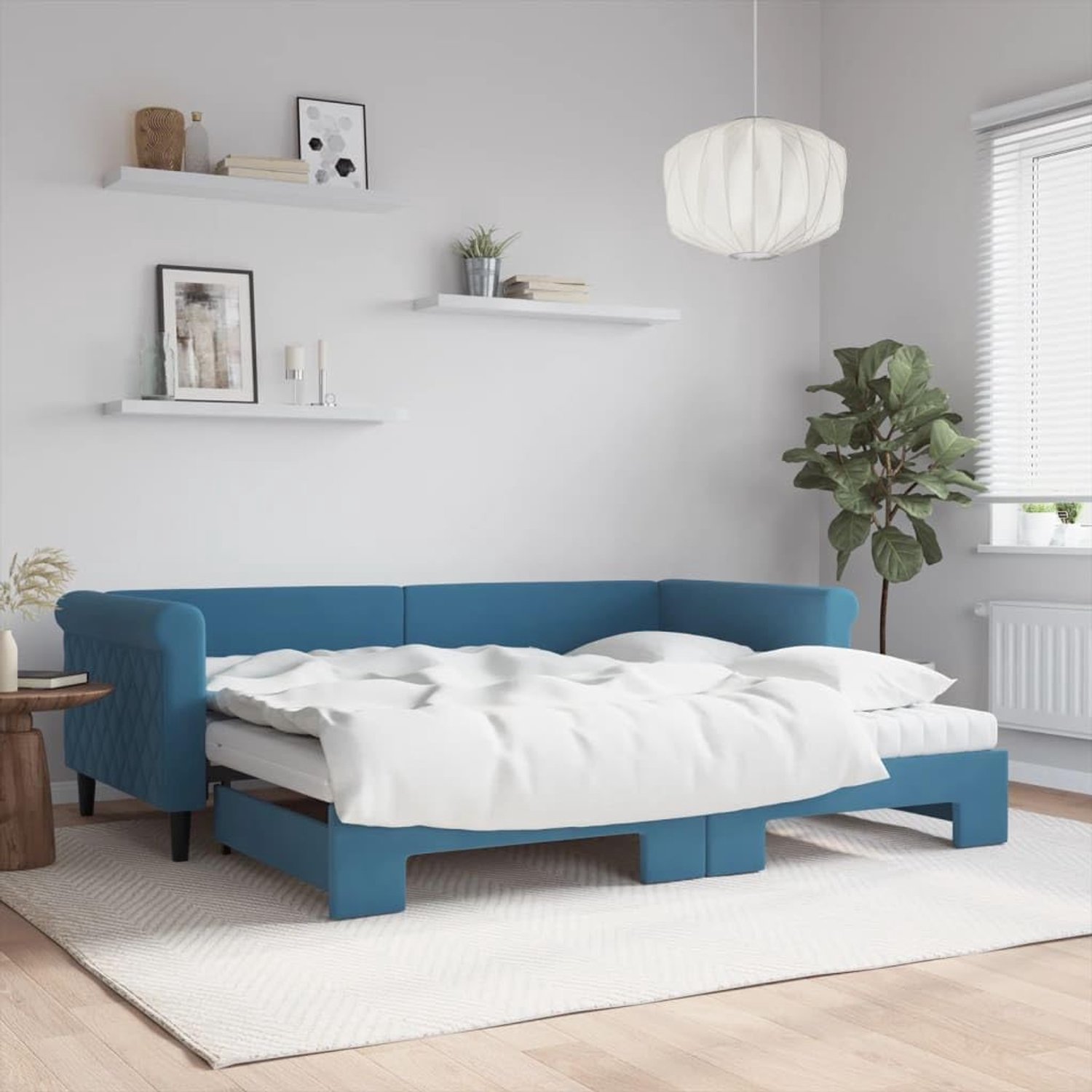 Familiebed, tweepersoonsbed, slaapkamermeubel, dagbed, uittrekbaar met matrassen, blauw, 90x200 cm, fluweel