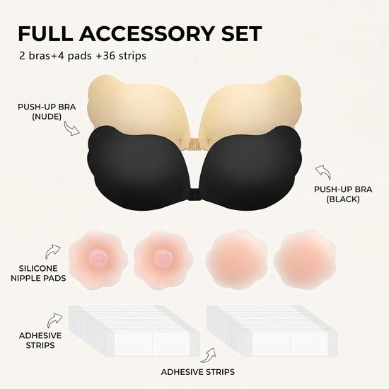 Set van 2 Herbruikbare Zelfklevende Push Up Bh's - Rugloze en Onzichtbare Silicone Bh met 4 Borstpads en 36 Klevende Strips voor Trouwe Jurk, Cup A — afbeelding 2