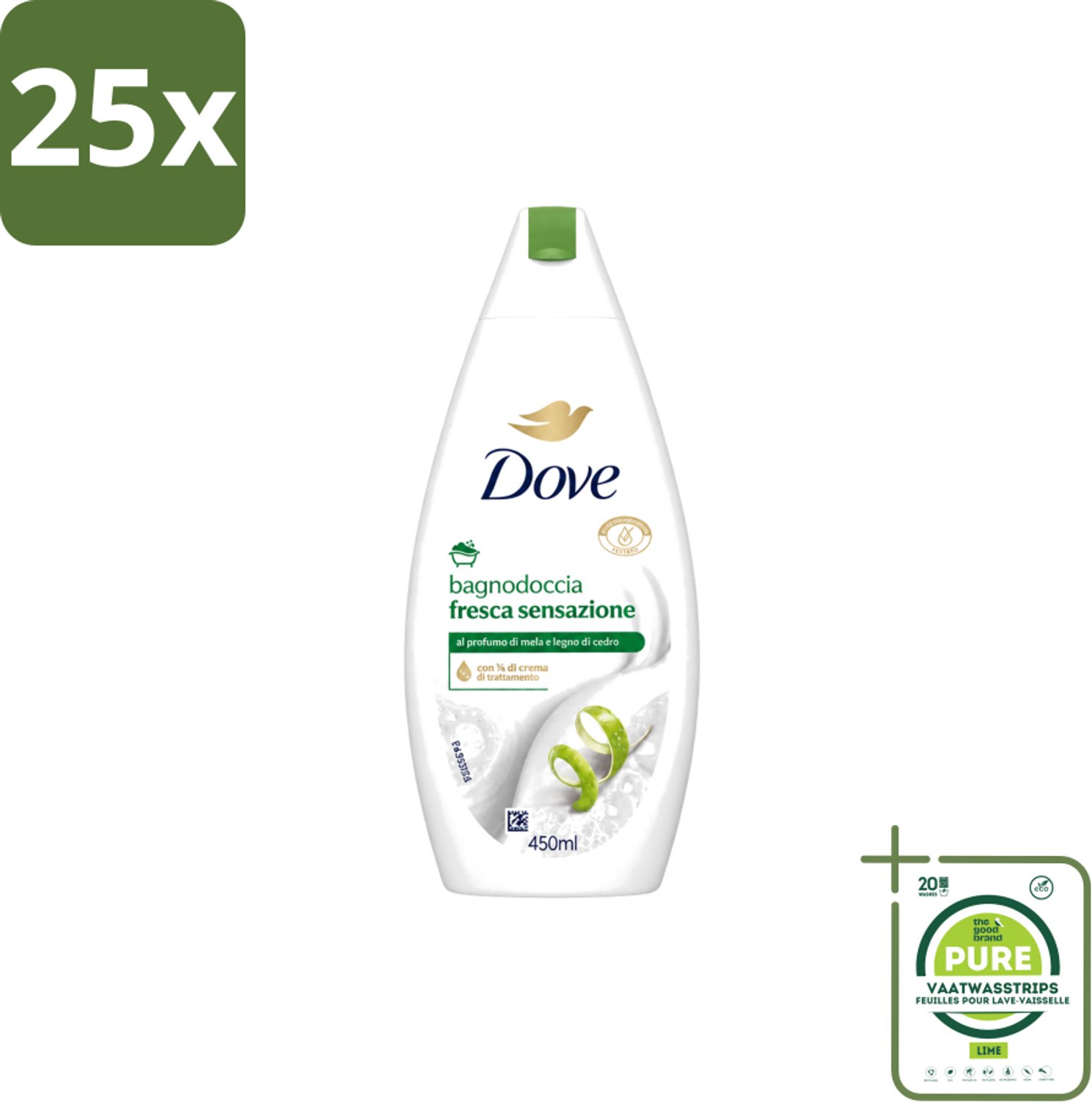 25 x Dove – Douchegel – Fresh Sensation – 450 ml - Grootverpakking - Vaatwasstrips - Douchegel - Fris Gevoel - Mild Reinigen - Huid Verzorgen - Schuim