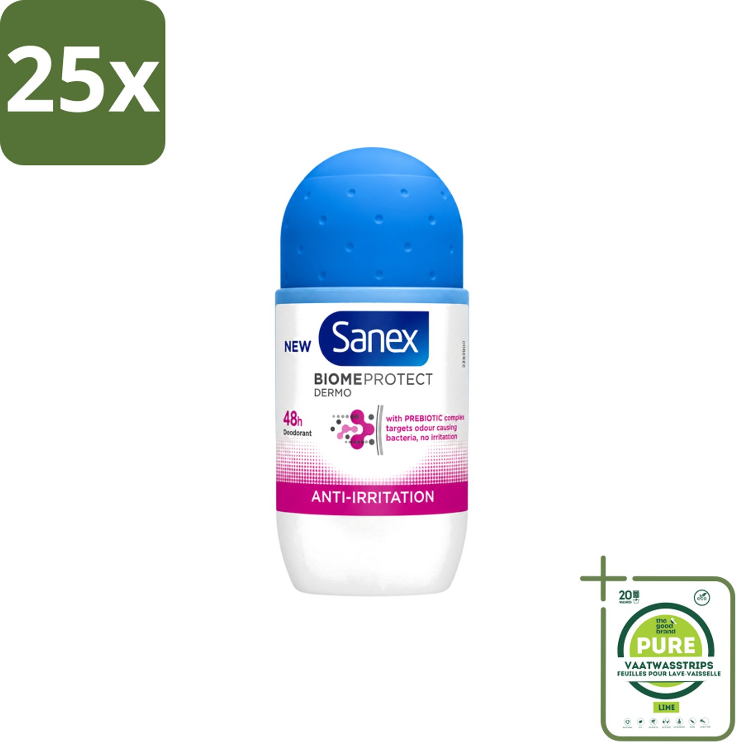 25 x Sanex – Deo Roll-on – BiomeProtect Dermo Anti-Irritation – 50 ml - Grootverpakking - Vaatwasstrips - Gevoelige Huid - Anti-irritatie - Deodorant Roller - Huidmicrobioom - PH Balans