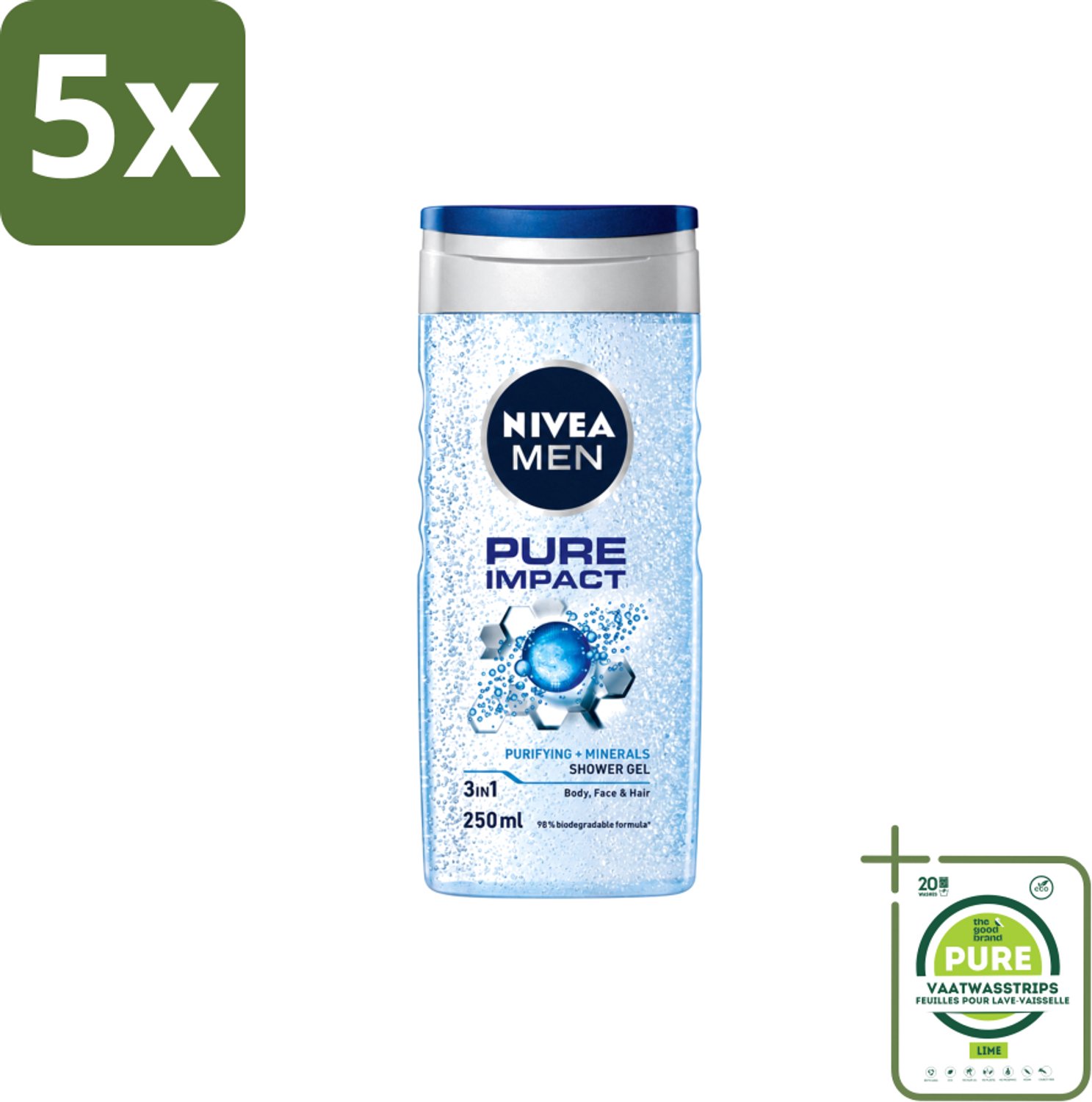 5 x Nivea Men – Douchegel – Pure Impact – 250 ml - Grootverpakking - Vaatwasstrips - Douchegel - Reiniging - Zweet Verwijderen - Vuil Verwijderen - Fris Huidgevoel