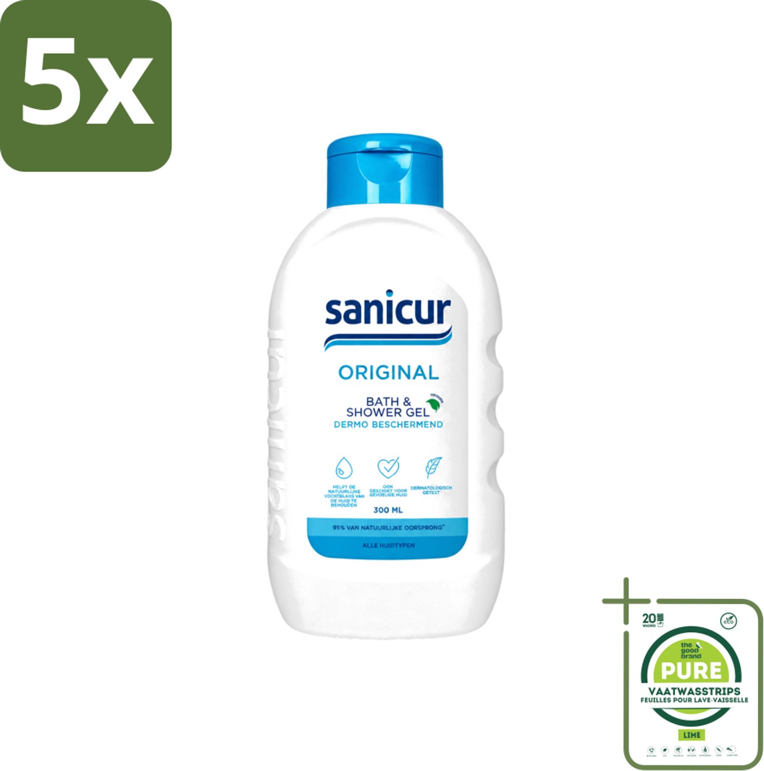 5 x Sanicur – Bad & Douchegel – Original – 300 ml - Grootverpakking - Vaatwasstrips - Bad En Douchegel - Milde Reiniging - Huidverzorging - Hydraterende Gel - Gevoelige Huid