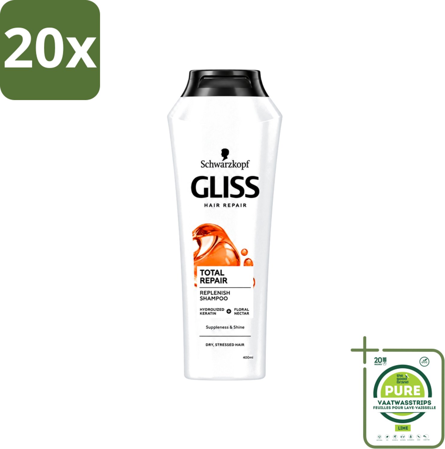 20 x Gliss-Kur - Shampoo - Total Repair - Herstelt & Versterkt - Gehydroliseerd - 400 ml - Grootverpakking - Vaatwasstrips - Haar Herstellen - Haar Versterken - Haar Verzorgen - Haar Hydrateren - Haar Beschermen
