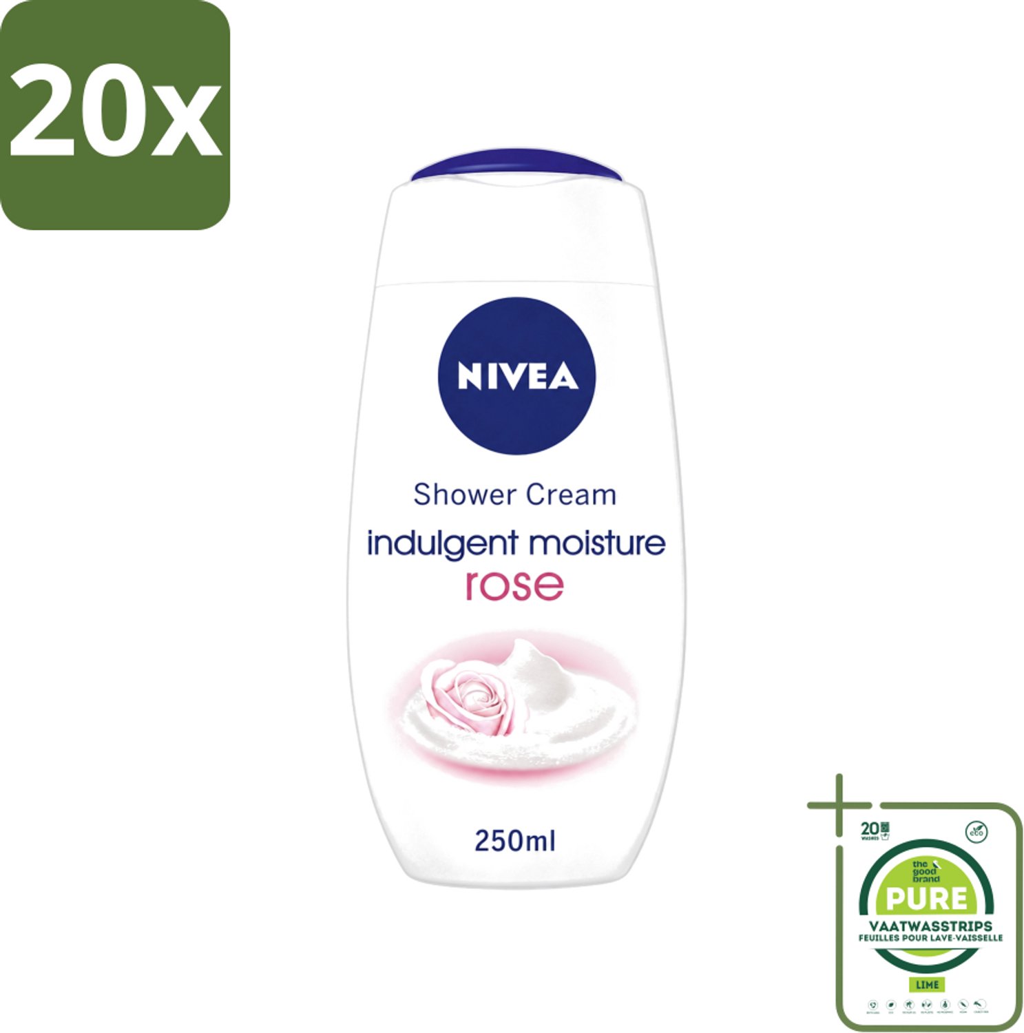 20 x Nivea - Shower Indulgent Moisture Rose Douchecrème - 250 ml - Grootverpakking - Vaatwasstrips - Douchecrème - Hydraterende Douchecrème - Amandelmelk - Rozengeur - Zachte Huid