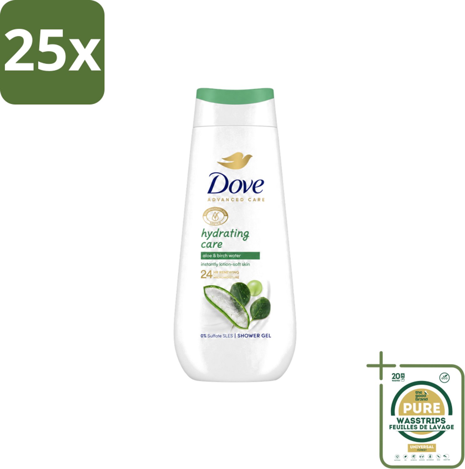 25 x Dove – Douchecrème – Hydrating Care – 225 ml - Wasstrips - Douchecrème - Hydratatie - Droge Huid - Aloë Vera - Berkenwater