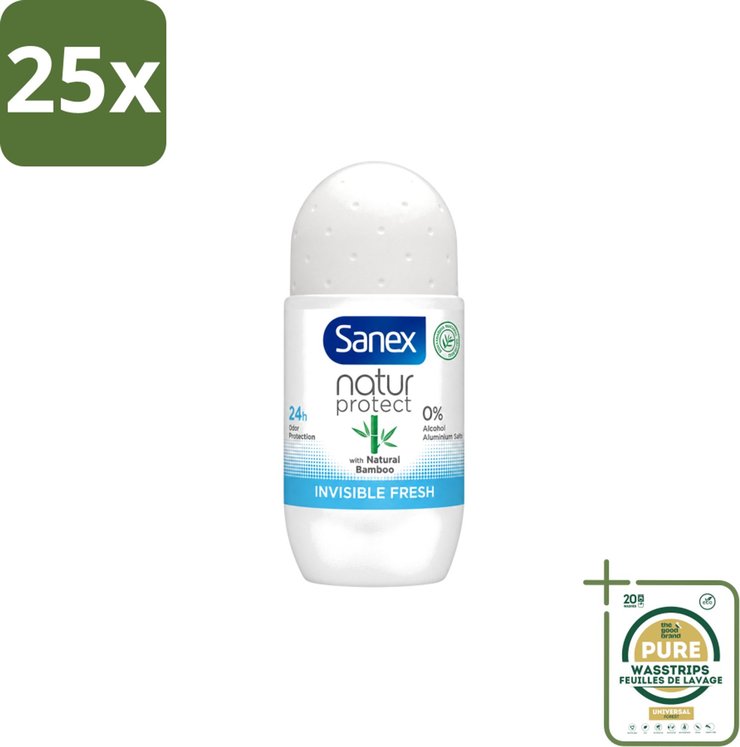 25 x Sanex – Deo Roll-on – Bamboo Invisible Fresh – 50 ml - Wasstrips - Bamboo Deodorant - Onzichtbare Deodorant - Deodorant Roll-on - Frisheid - Kledingbescherming