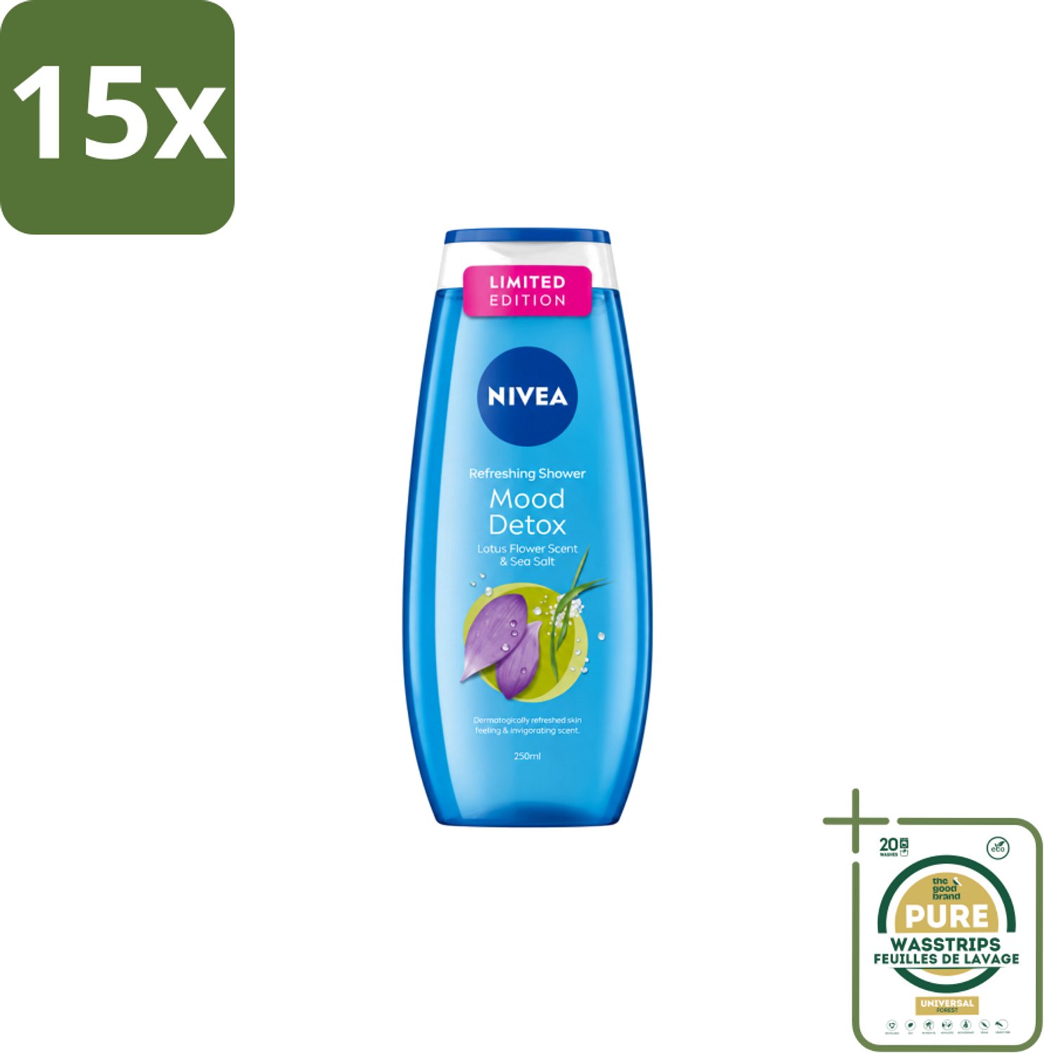 15 x Nivea – Douchegel – Creme Mood Detox – 250 ml - Wasstrips - Douchegel - Ontspanning - Zeezout - Huidverzorging - Mild Reinigen