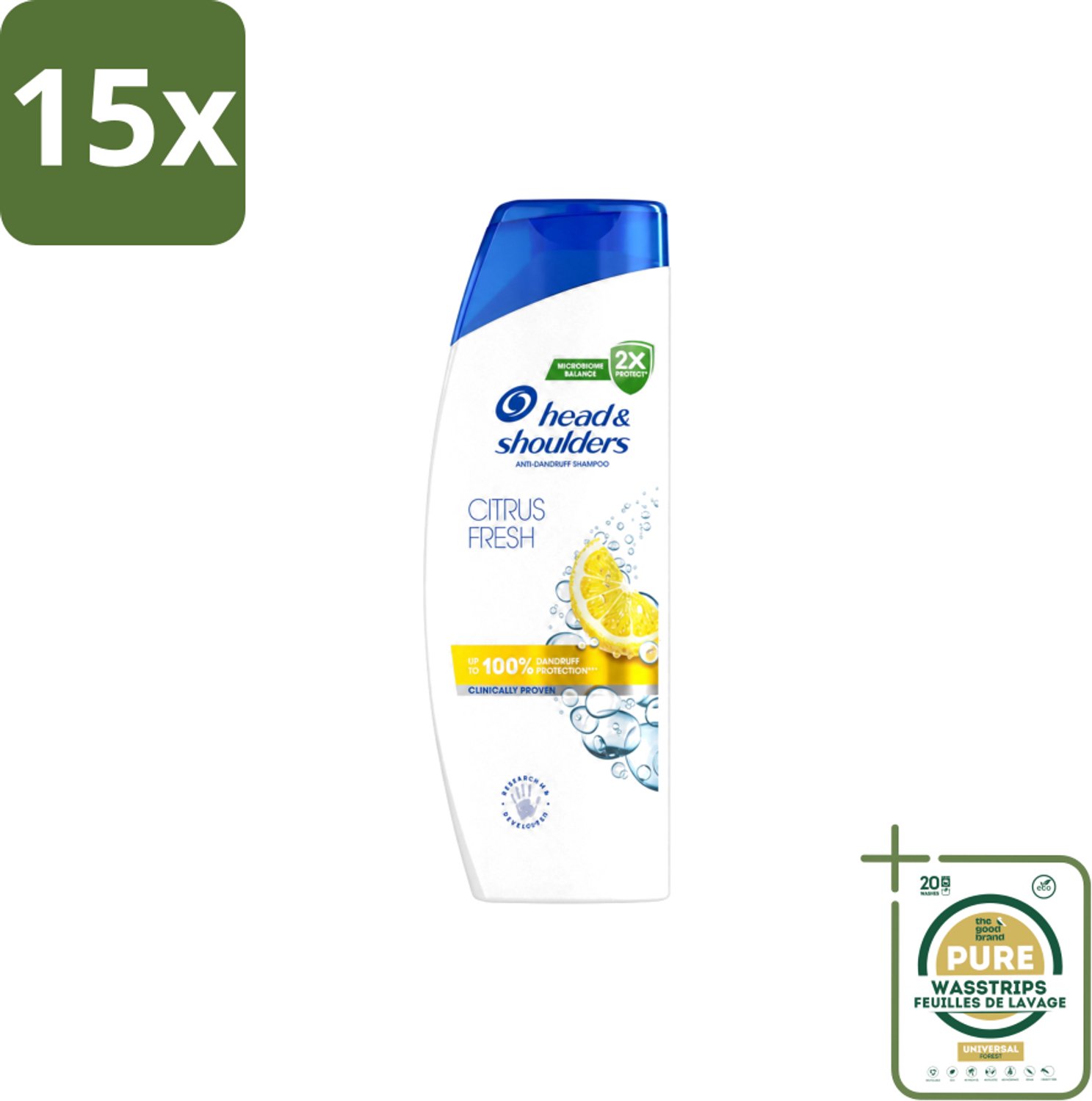 15 x Head & Shoulders - Shampoo - Citrus Fresh - 250ml - Wasstrips - Roosvrij Haar - Anti-roos Shampoo - Citrusgeur - Vet Haar - Fris Haar