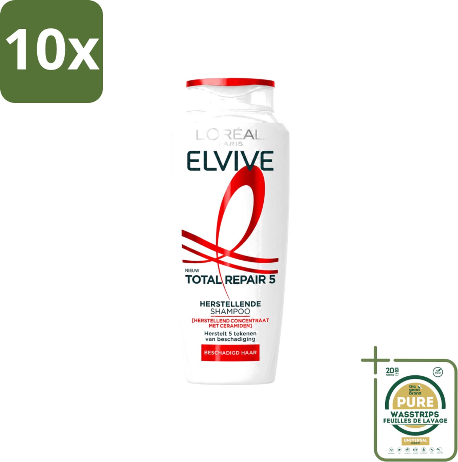 10 x L’Oréal Paris Elvive – Shampoo – Total Repair 5 – Herstellend – 250 ml - Wasstrips - Herstel Haar - Beschadigd Haar - Droog Haar - Futloos Haar - Gespleten Punten