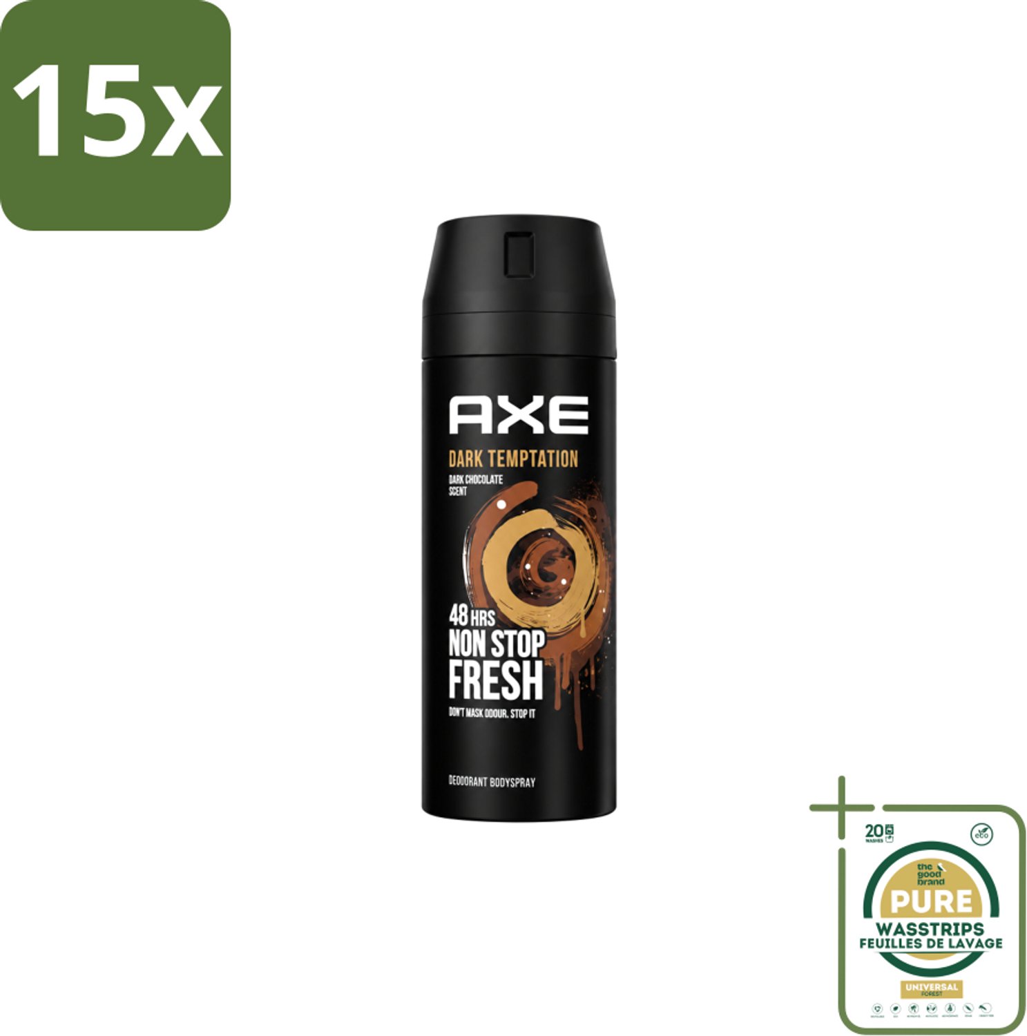 15 x Axe – Deodorant Spray – Dark Temptation – 150 ml - Wasstrips - Deodorant Spray - Mannelijke Geur - Warme Geur - Chocolade Geur - Transpiratiegeur