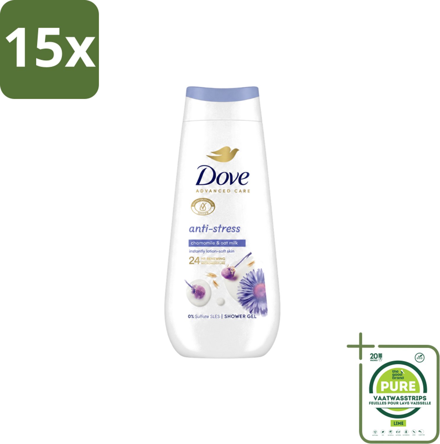 15 x Dove – Douchecrème – Anti-Stress – 225 ml - Grootverpakking - Vaatwasstrips - Douchecrème Anti-stress - Ontspannende Douchecrème - Droge Huid Verzorgen - Hydratatie - Blauwe Kamille