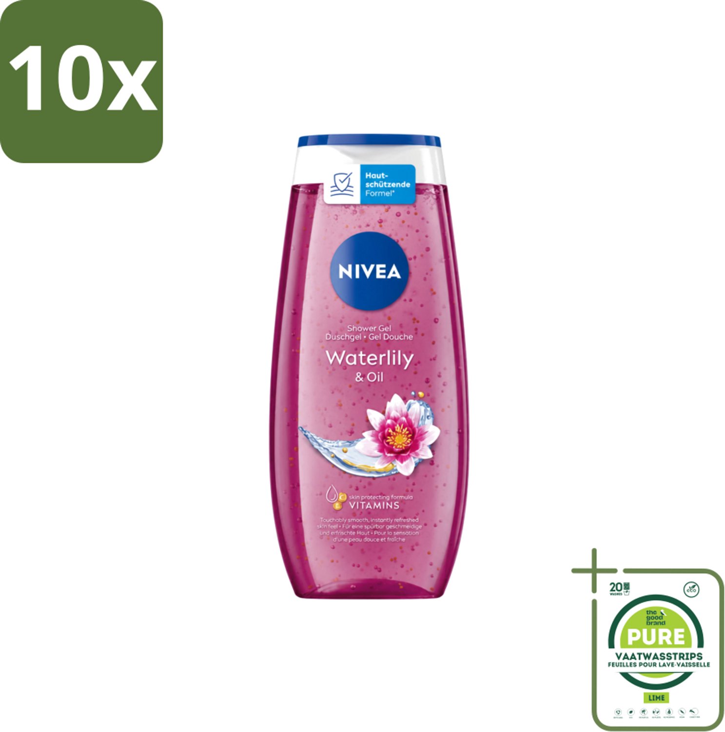 10 x Nivea – Douchegel – Waterlily & Oil – 250 ml - Grootverpakking - Vaatwasstrips - Douchegel - Waterlelie - Huidverzorging - Mild Reinigen - Huidcomfort