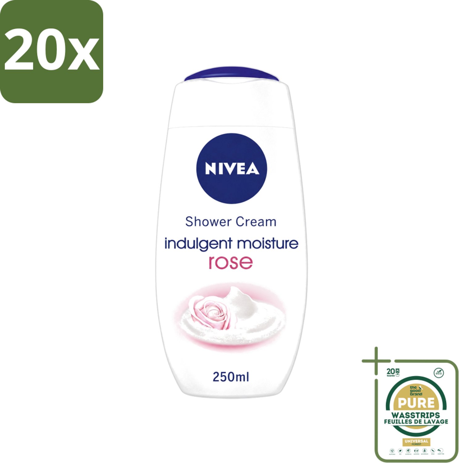 20 x Nivea - Shower Indulgent Moisture Rose Douchecrème - 250 ml - Wasstrips - Douchecrème - Amandelmelk - Rozengeur - Hydraterende Douchecrème - Zachte Huid