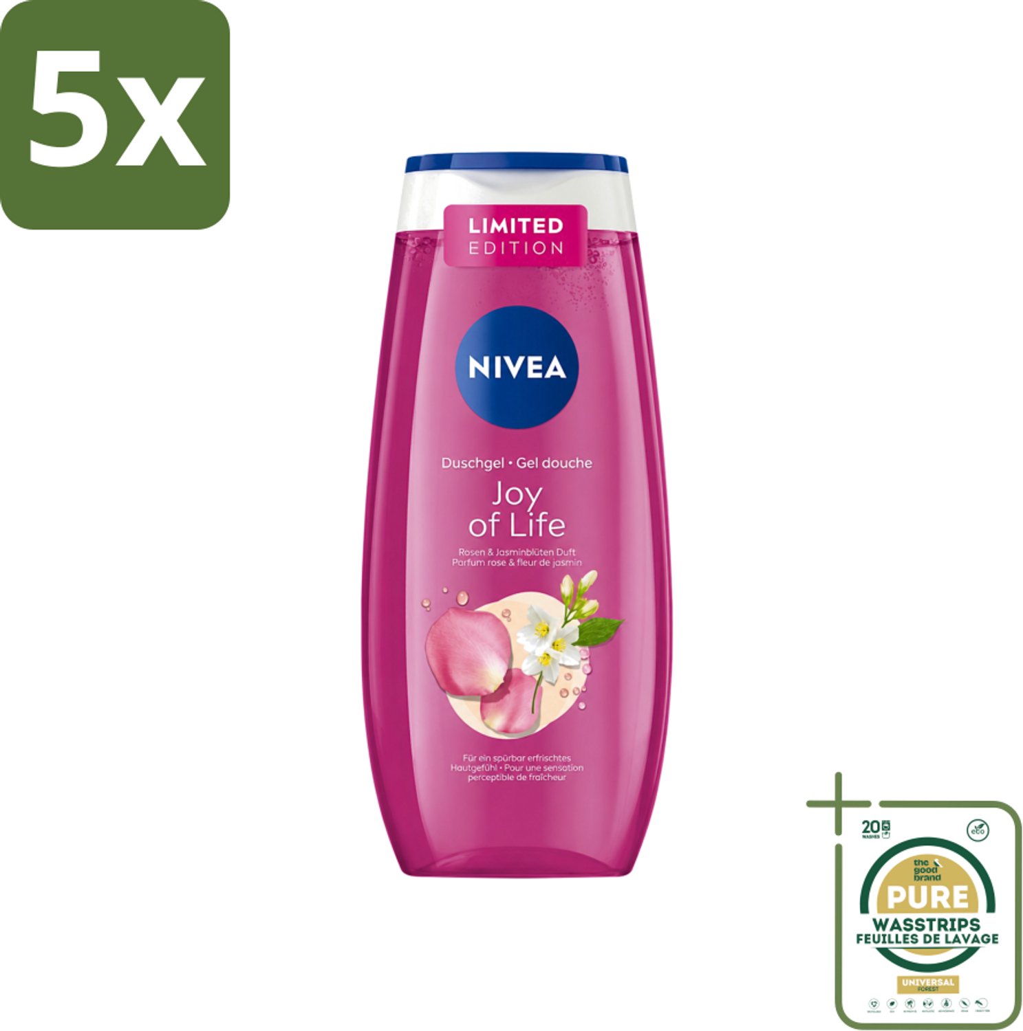 5 x Nivea - Douchegel - Joy of Life - Verfrissend Effect - 250 ml - Wasstrips - Douchegel - Verfrissend Effect - Rozen - Jasmijn - PH-neutraal