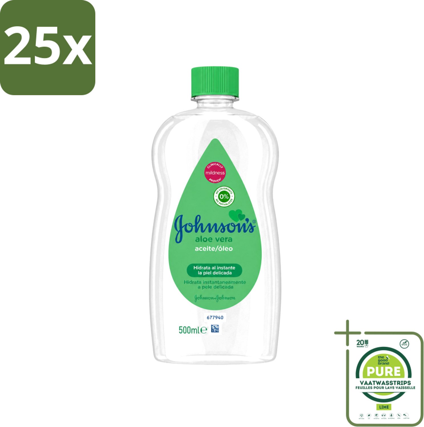 25 x Johnson's - Baby Olie - Aloe Vera - Hydrateerd Gevoelige Huid - 500 ml - Grootverpakking - Vaatwasstrips - Babyolie - Aloe Vera - Gevoelige Huid - Melkkorst Verwijderen - Hydraterende Olie